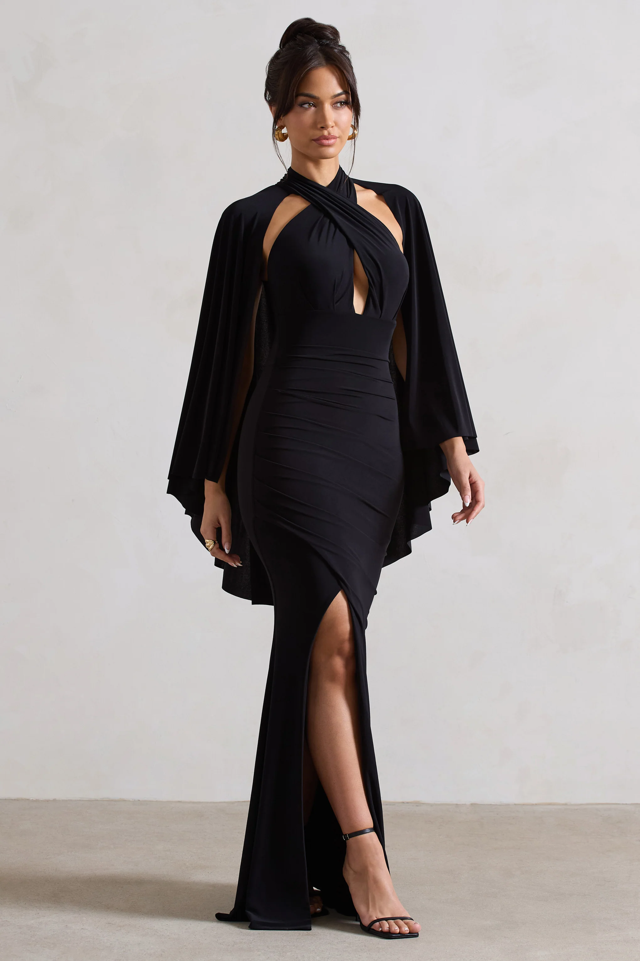 Audrina | Black Ruched Halter-Neck Split Maxi Dress With Cape - Image 4