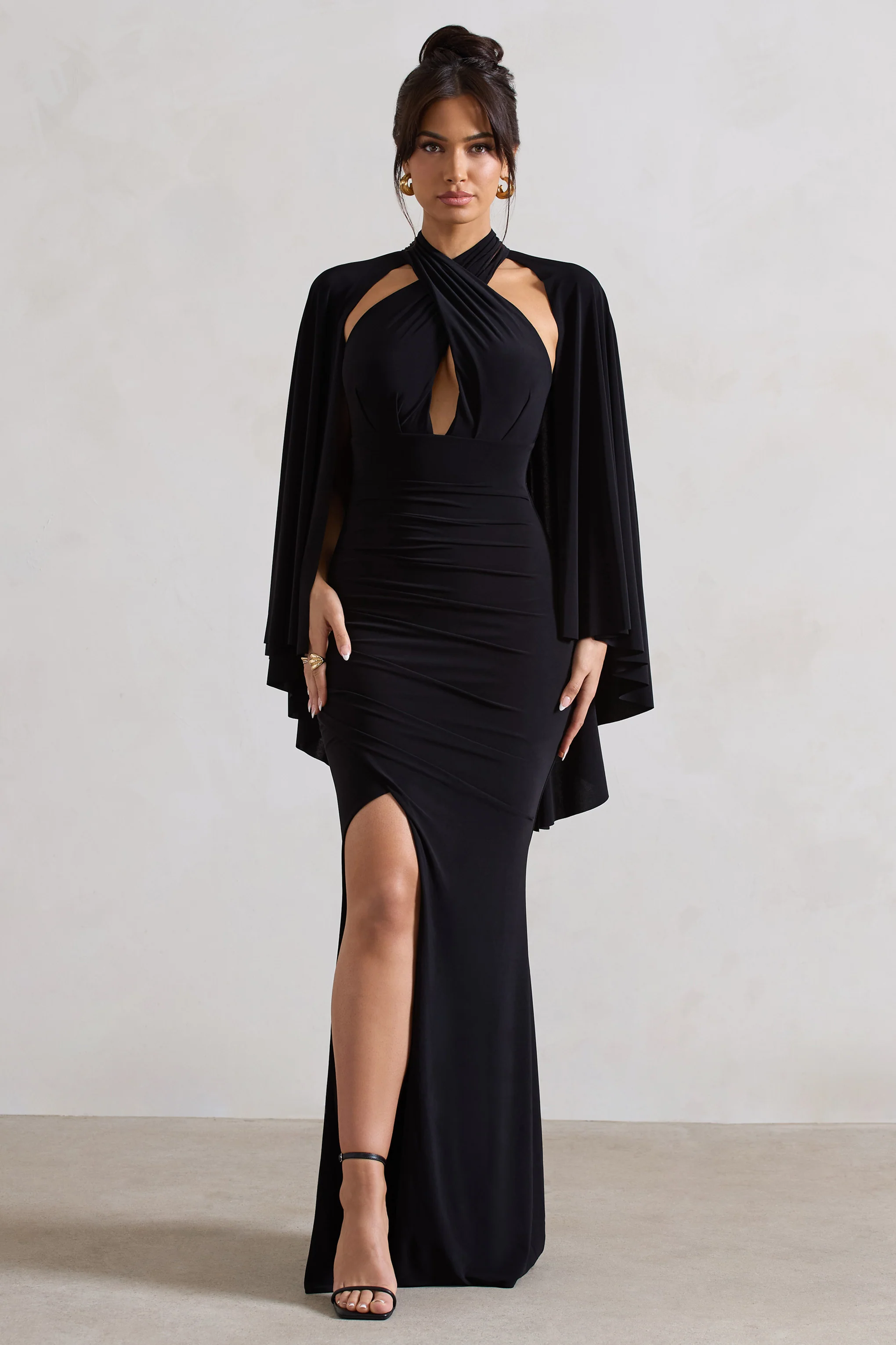 Audrina | Black Ruched Halter-Neck Split Maxi Dress With Cape - Image 5