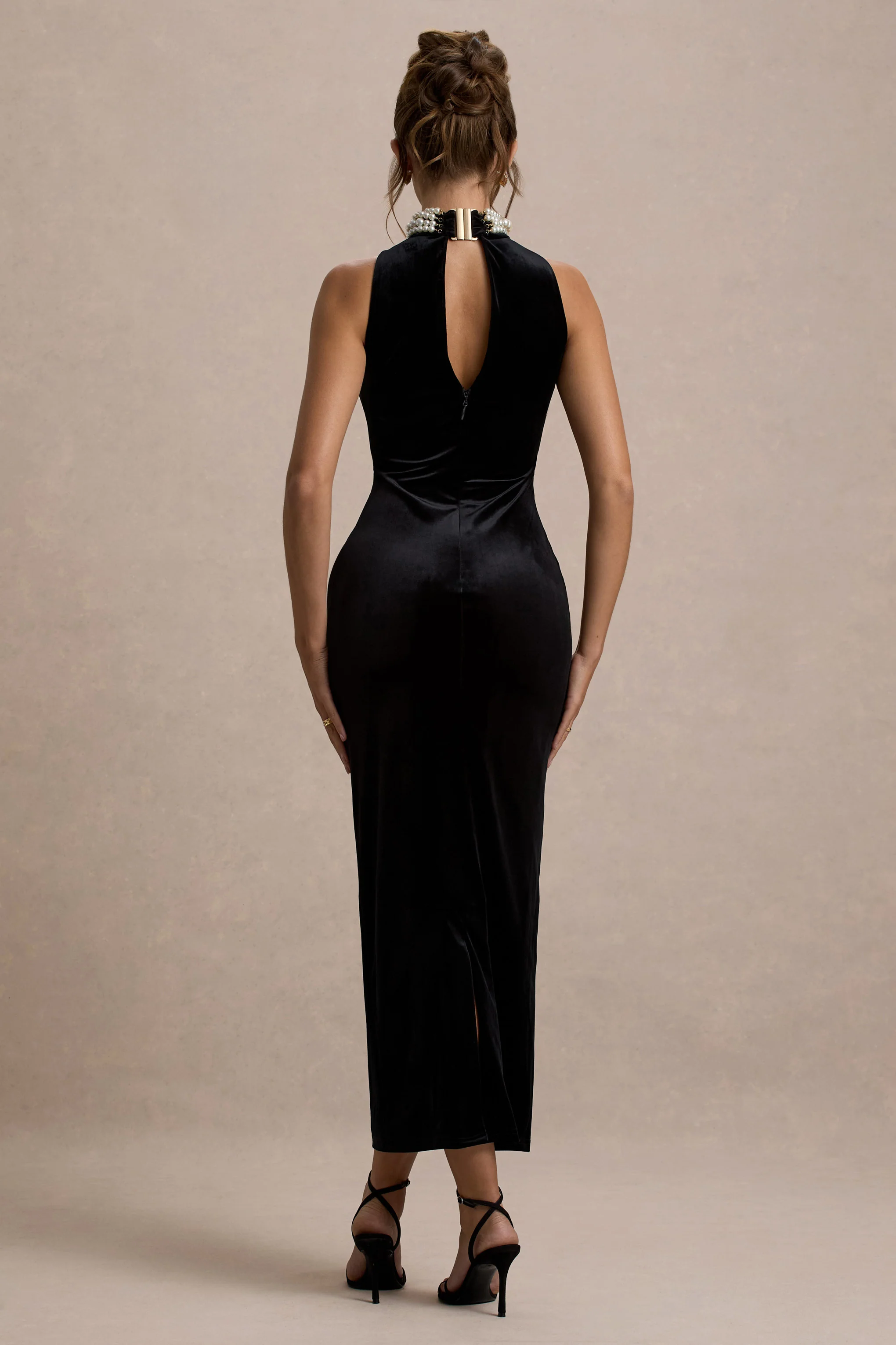Audrine | Black Velvet Embellished High-Neck Maxi Dress - Image 2