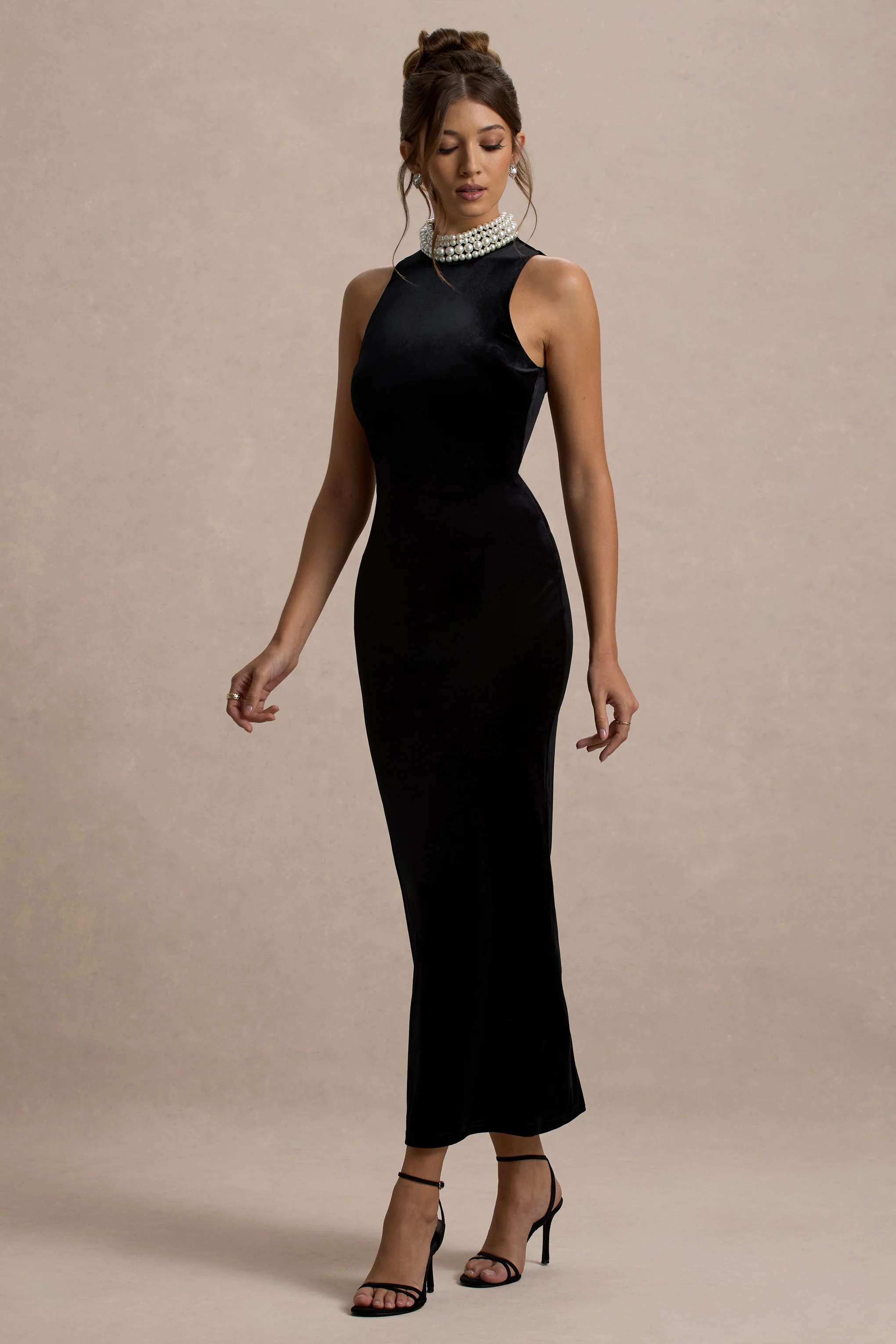 Audrine | Black Velvet Embellished High-Neck Maxi Dress - Image 5