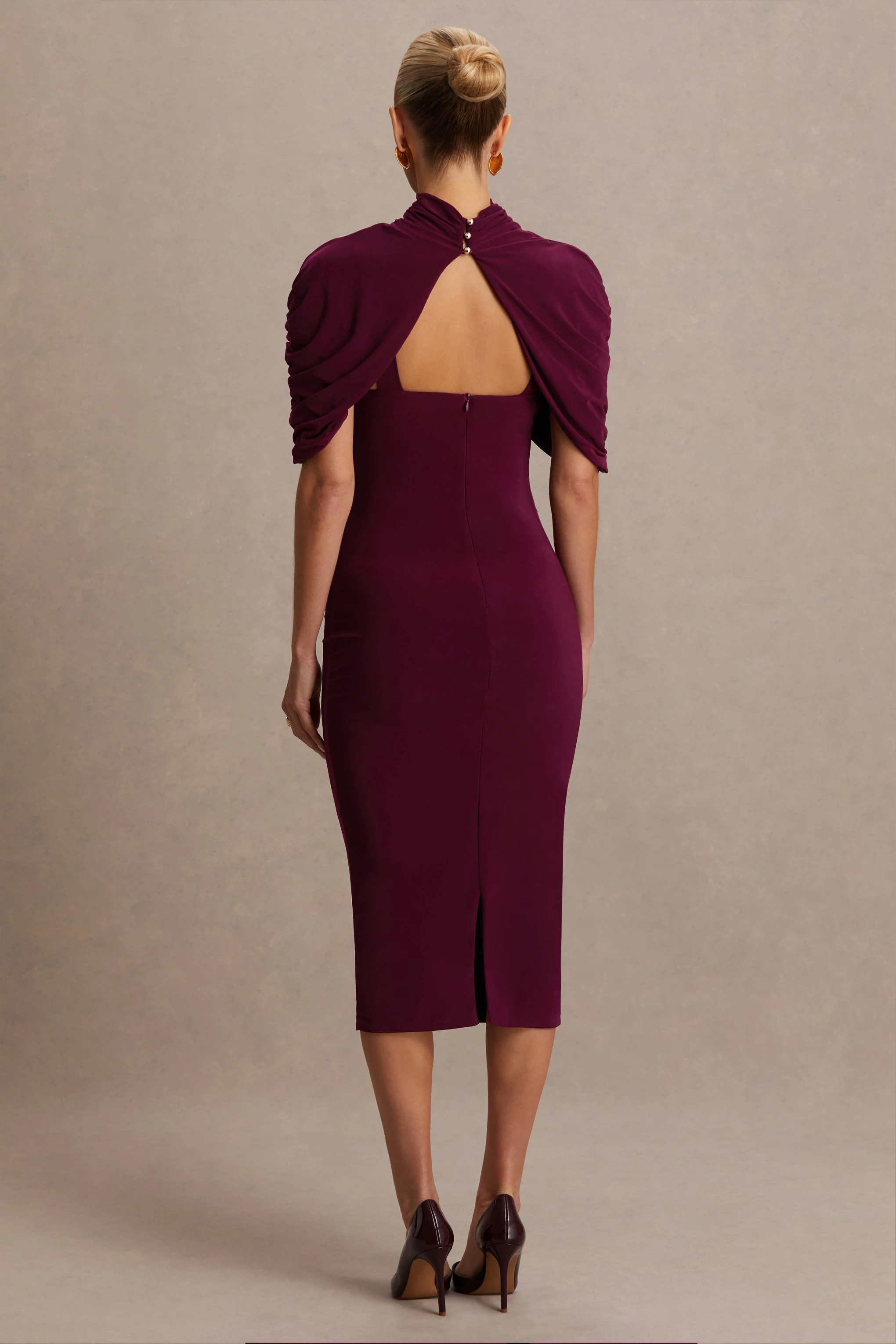 Augustina | Burgundy Maternity Midi Dress With Cape - Image 2