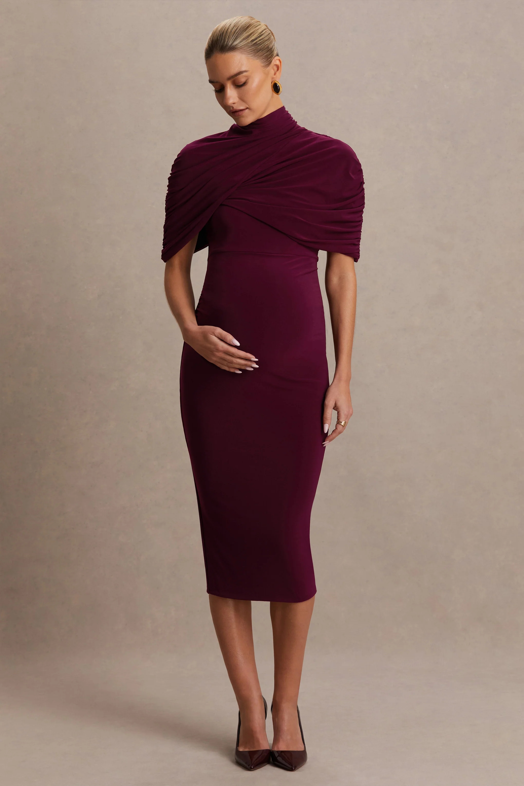 Augustina | Burgundy Maternity Midi Dress With Cape - Image 4