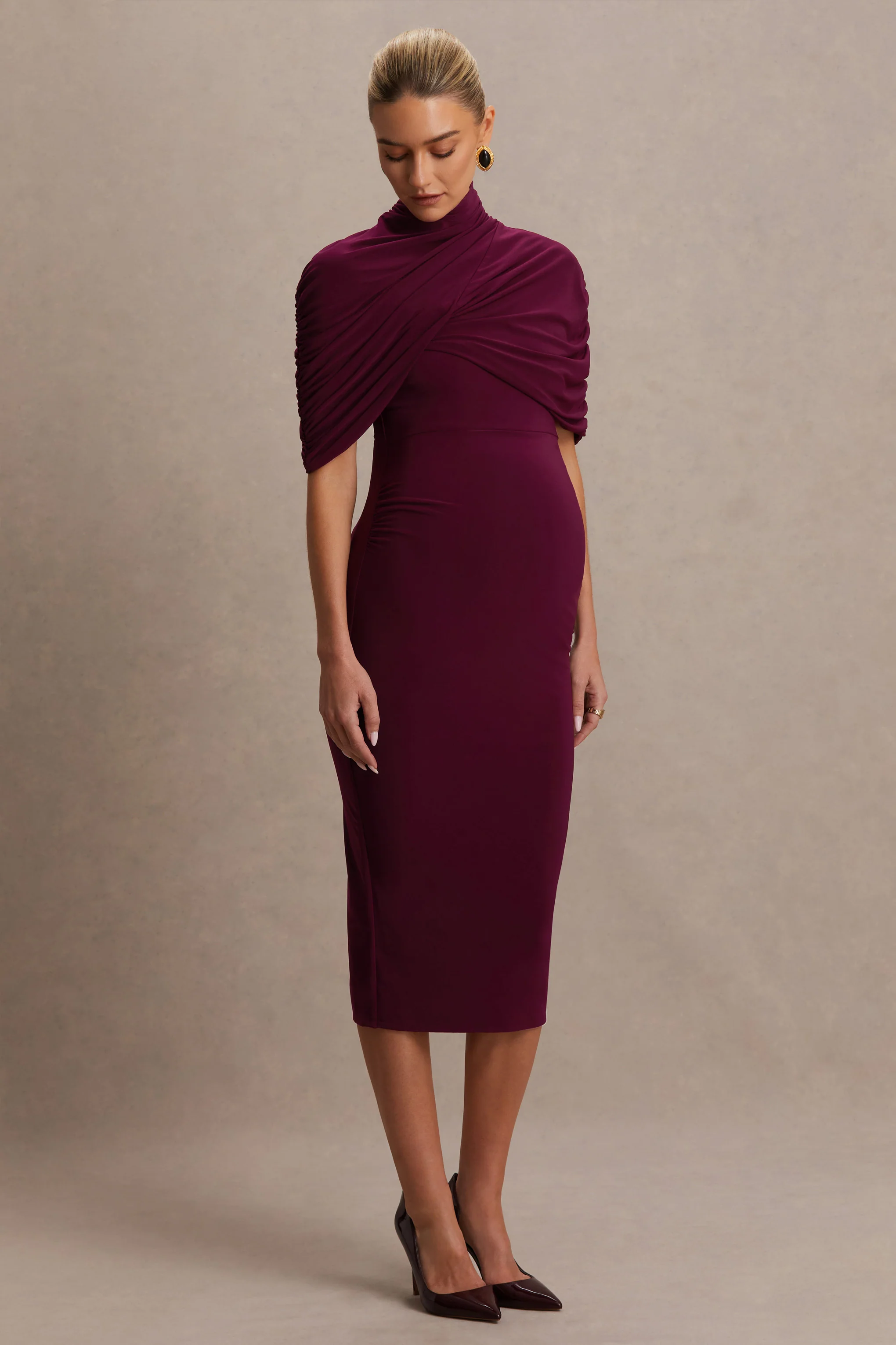Augustina | Burgundy Maternity Midi Dress With Cape - Image 5