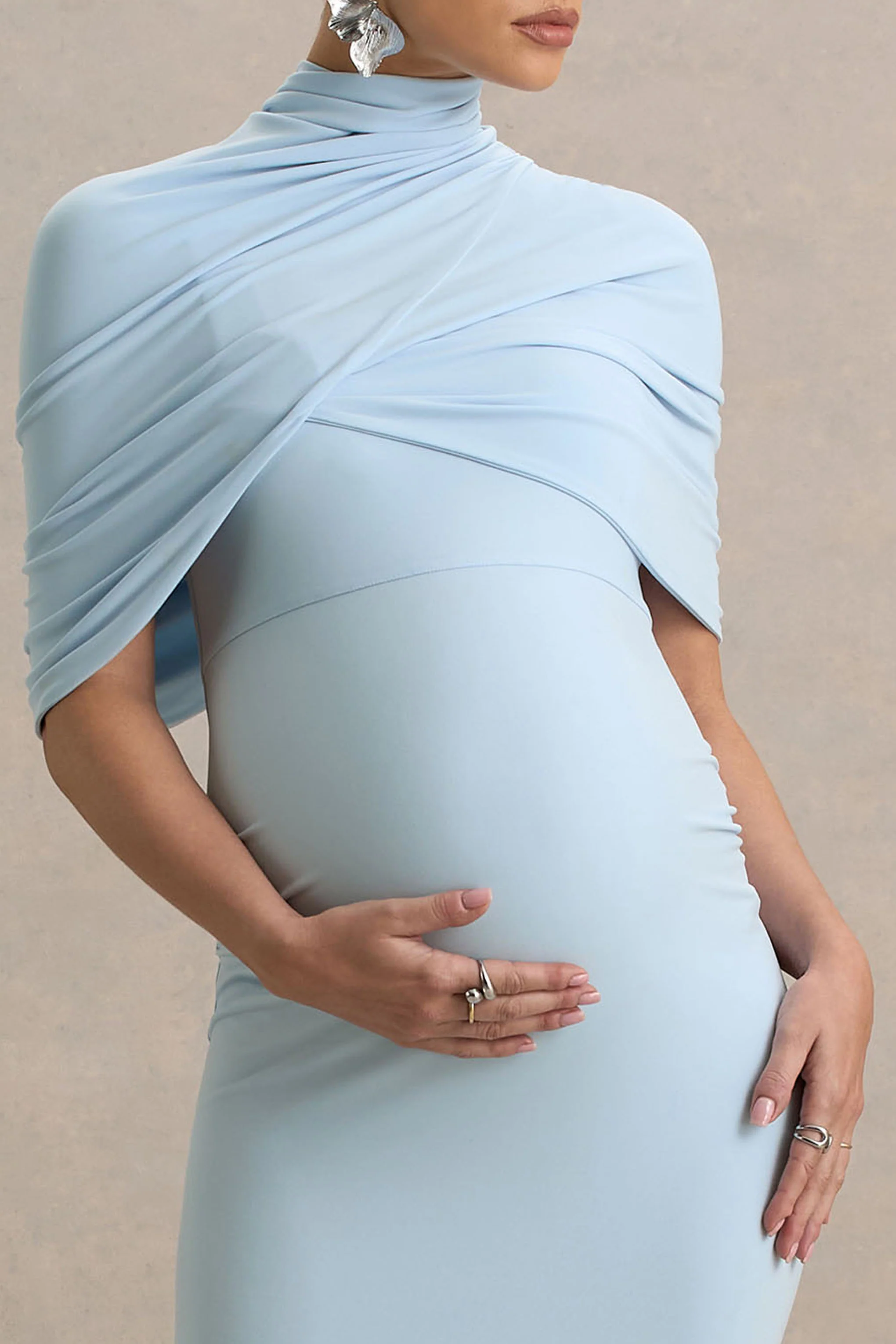 Augustina | Powder Blue Maternity Midi Dress With Cape - Image 3