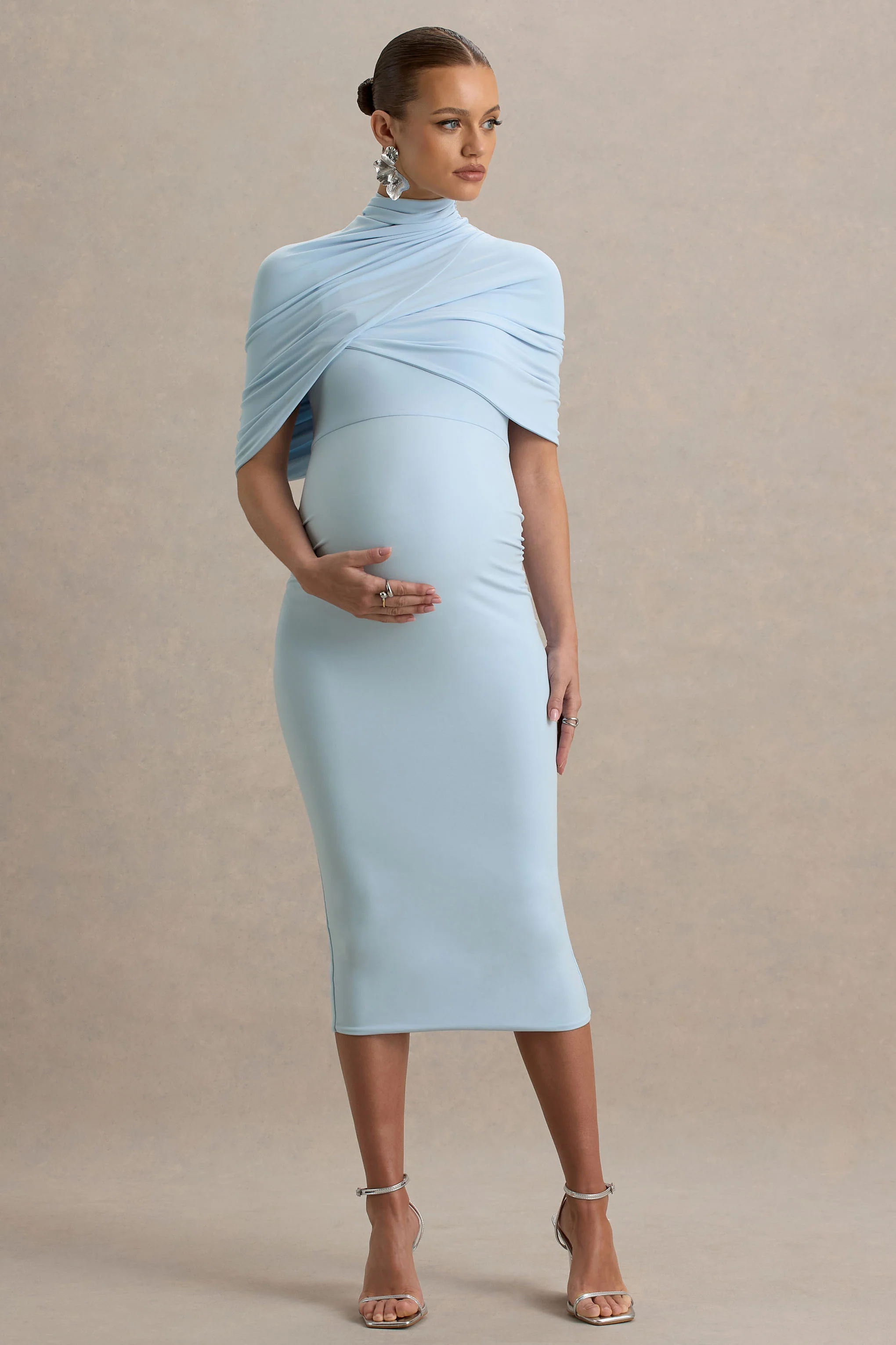 Augustina | Powder Blue Maternity Midi Dress With Cape - Image 5