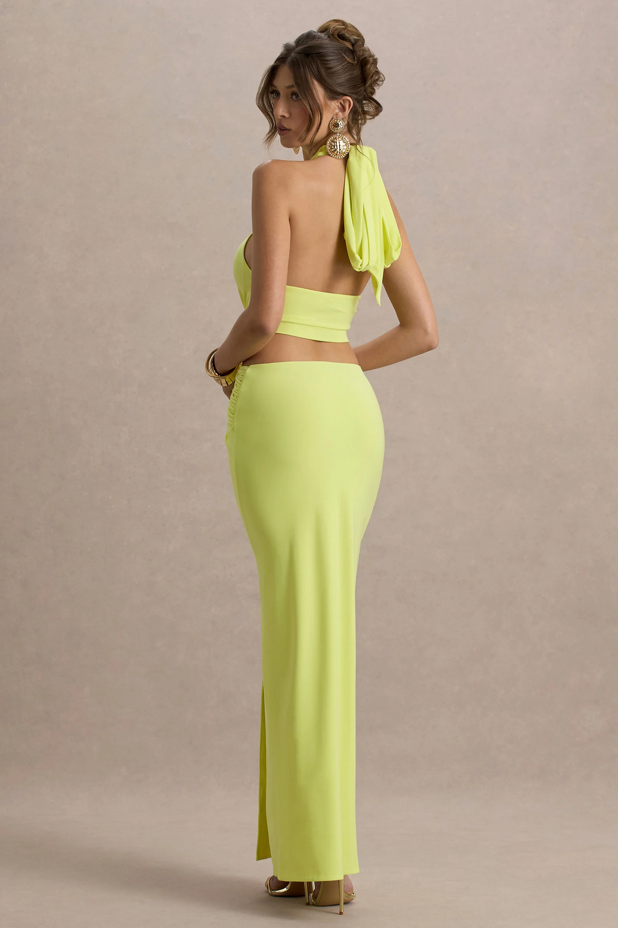 Aura | Lime Green Halter-Neck Cut-Out Split Maxi Dress - Image 2