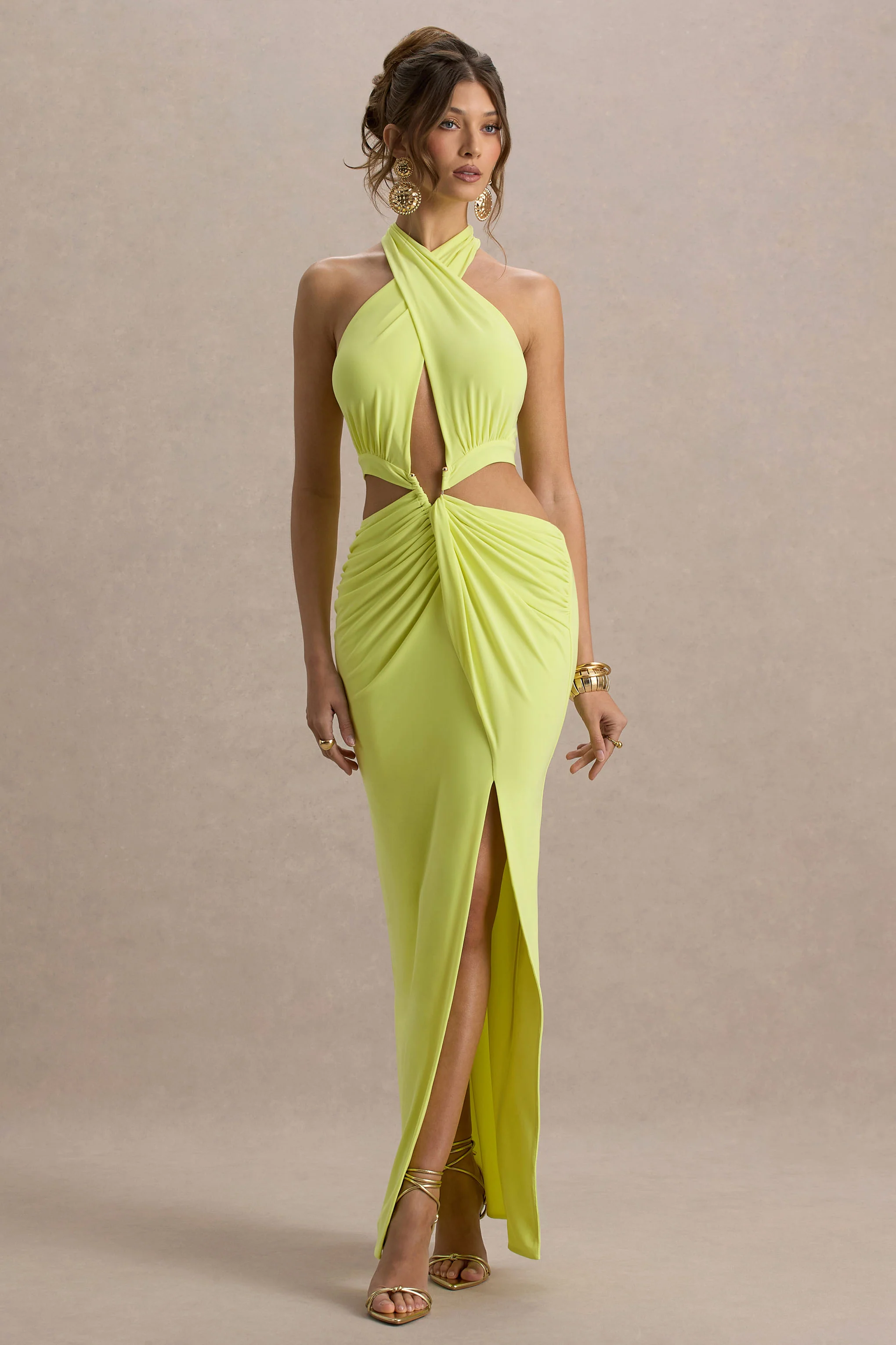 Aura | Lime Green Halter-Neck Cut-Out Split Maxi Dress - Image 4