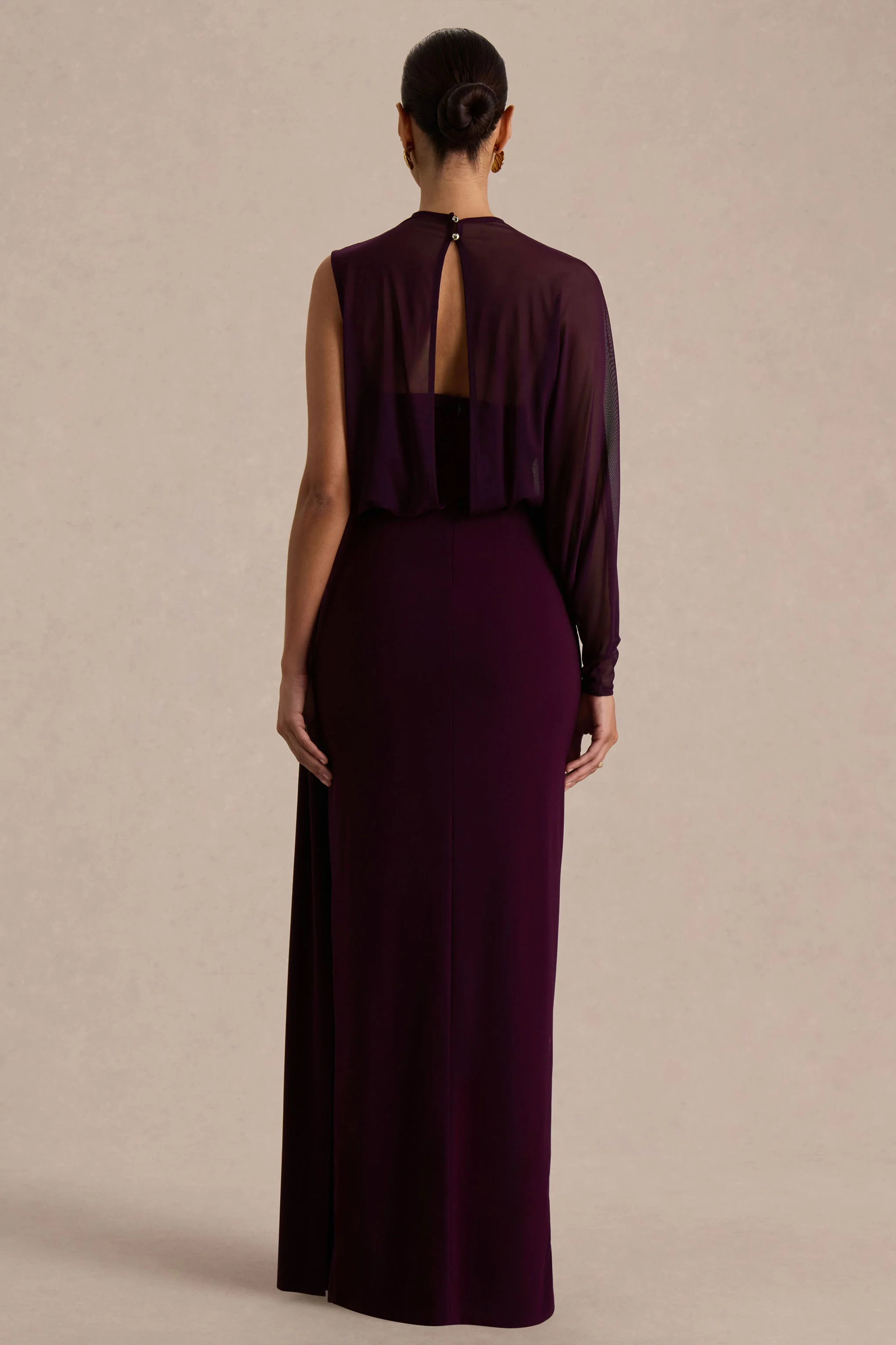 Aurelia | Dark Plum High-Neck Wrapped Maxi Dress With One-Cape Sleeve - Image 2