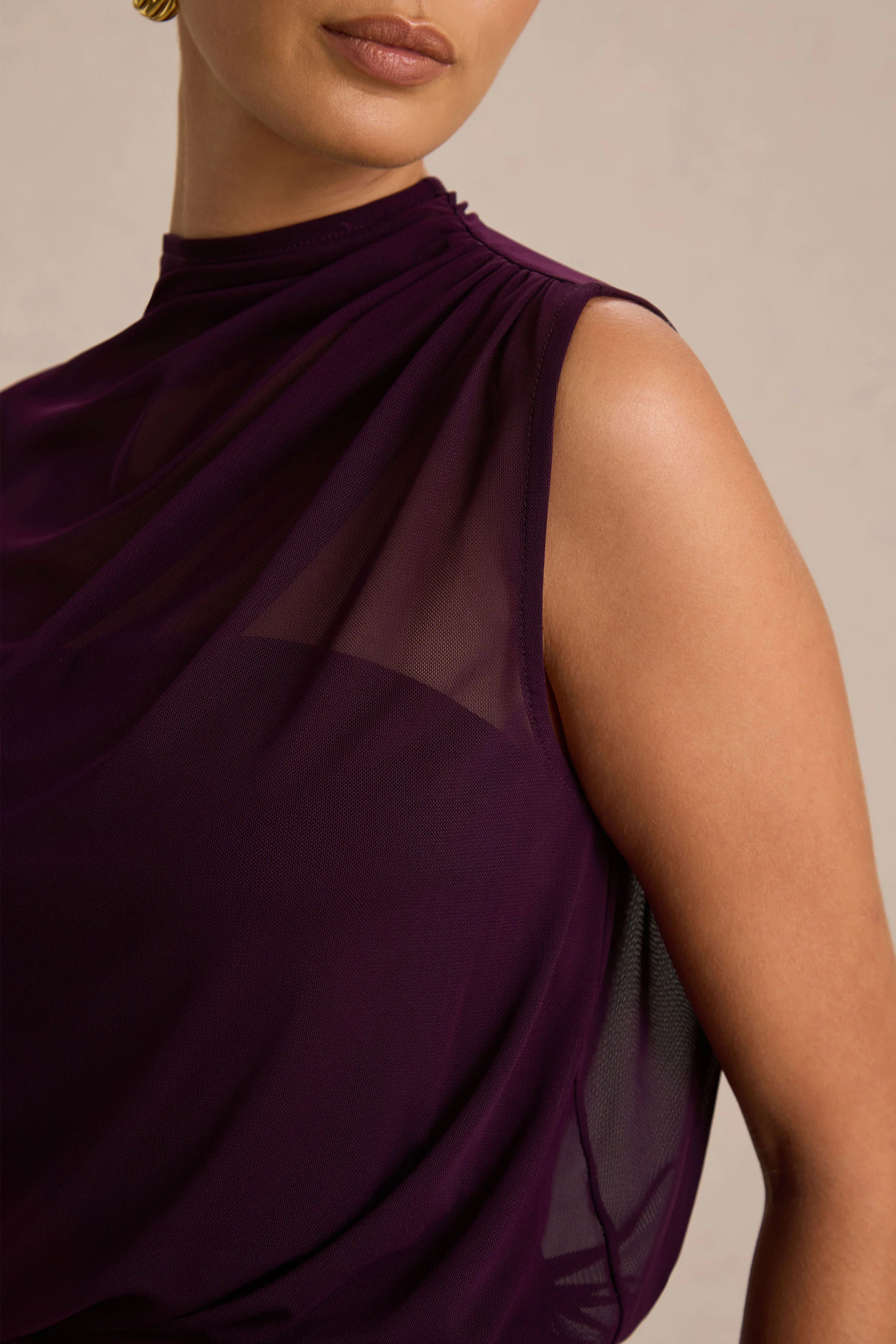 Aurelia | Dark Plum High-Neck Wrapped Maxi Dress With One-Cape Sleeve - Image 3