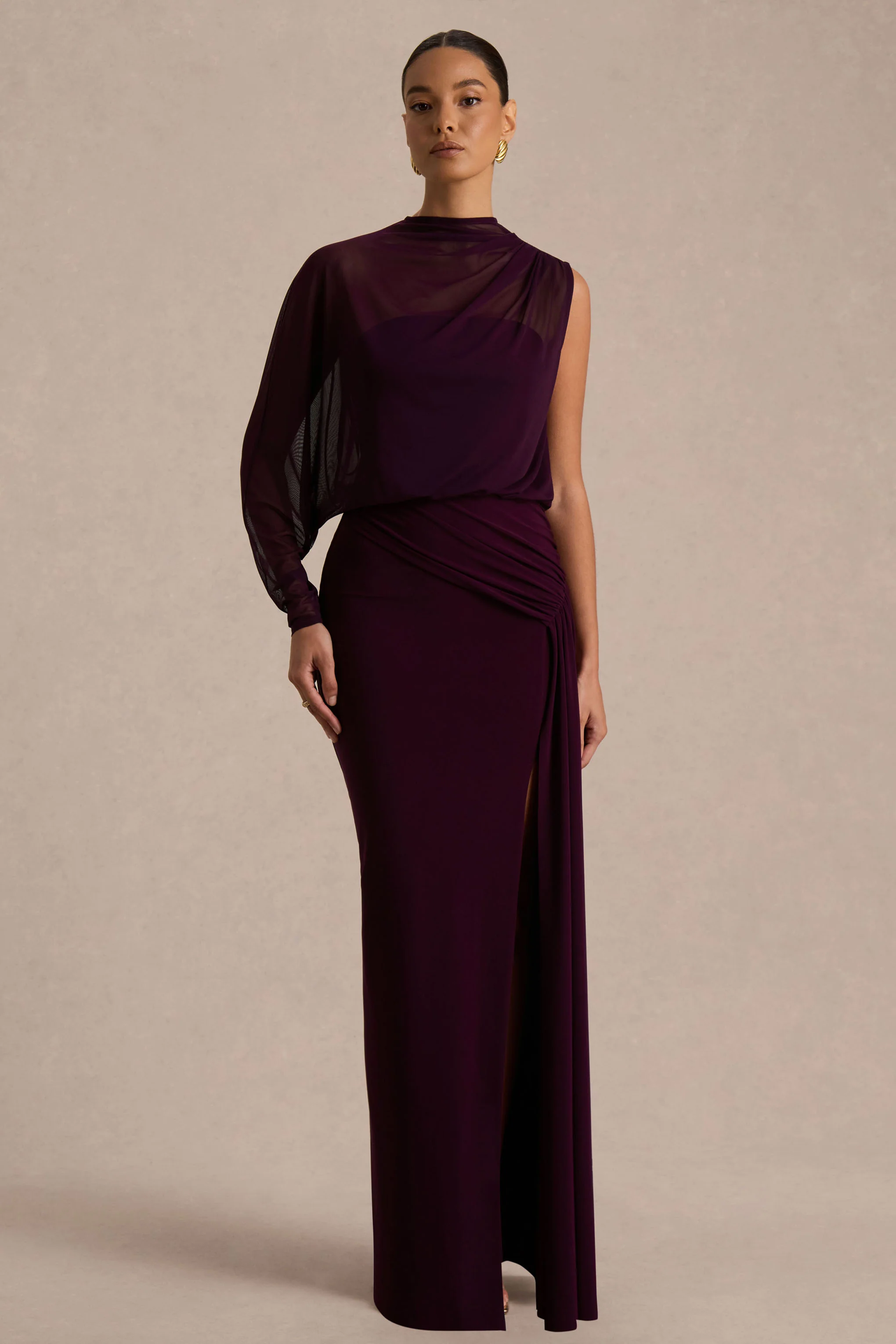 Aurelia | Dark Plum High-Neck Wrapped Maxi Dress With One-Cape Sleeve - Image 4