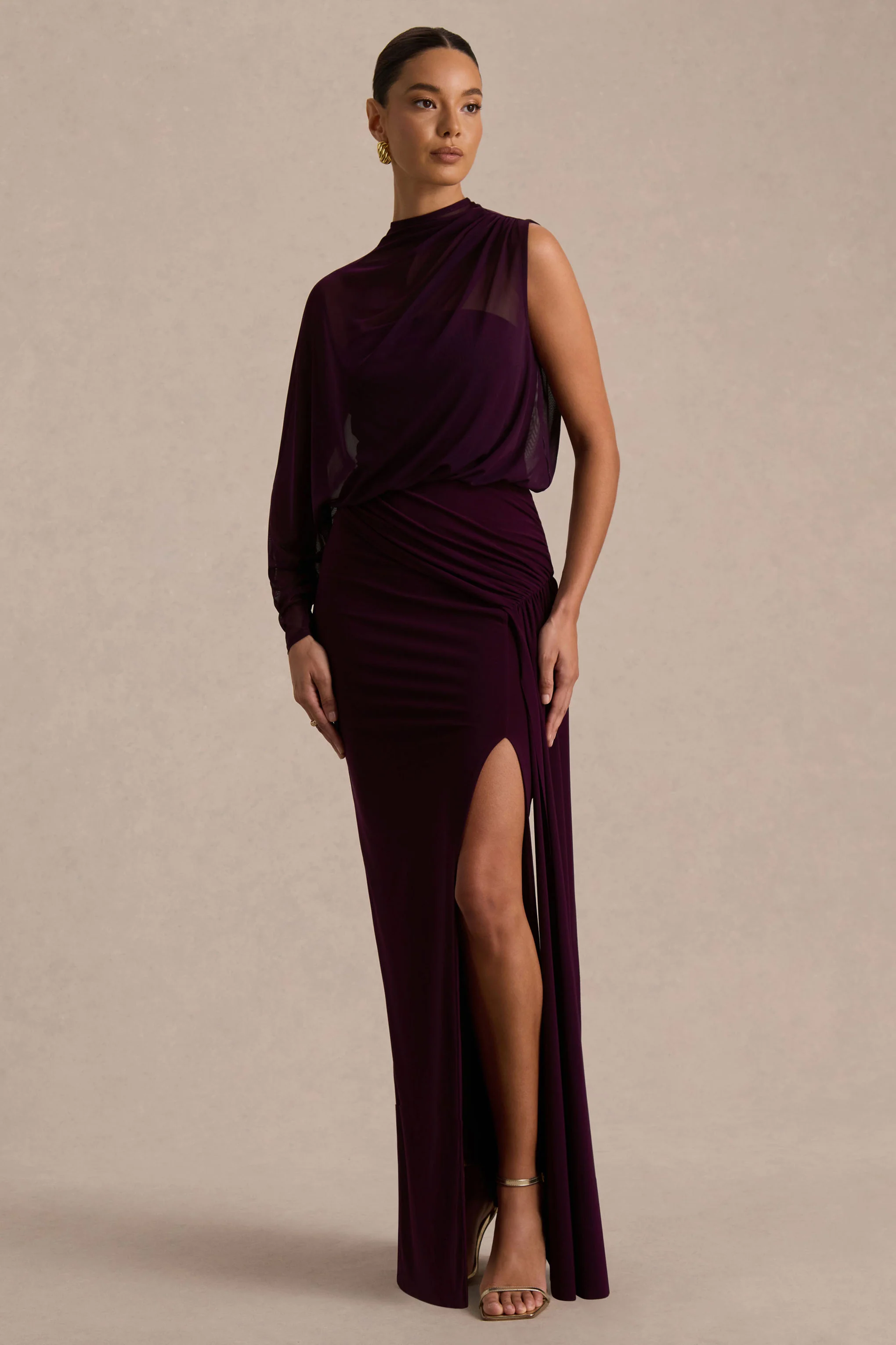 Aurelia | Dark Plum High-Neck Wrapped Maxi Dress With One-Cape Sleeve - Image 5