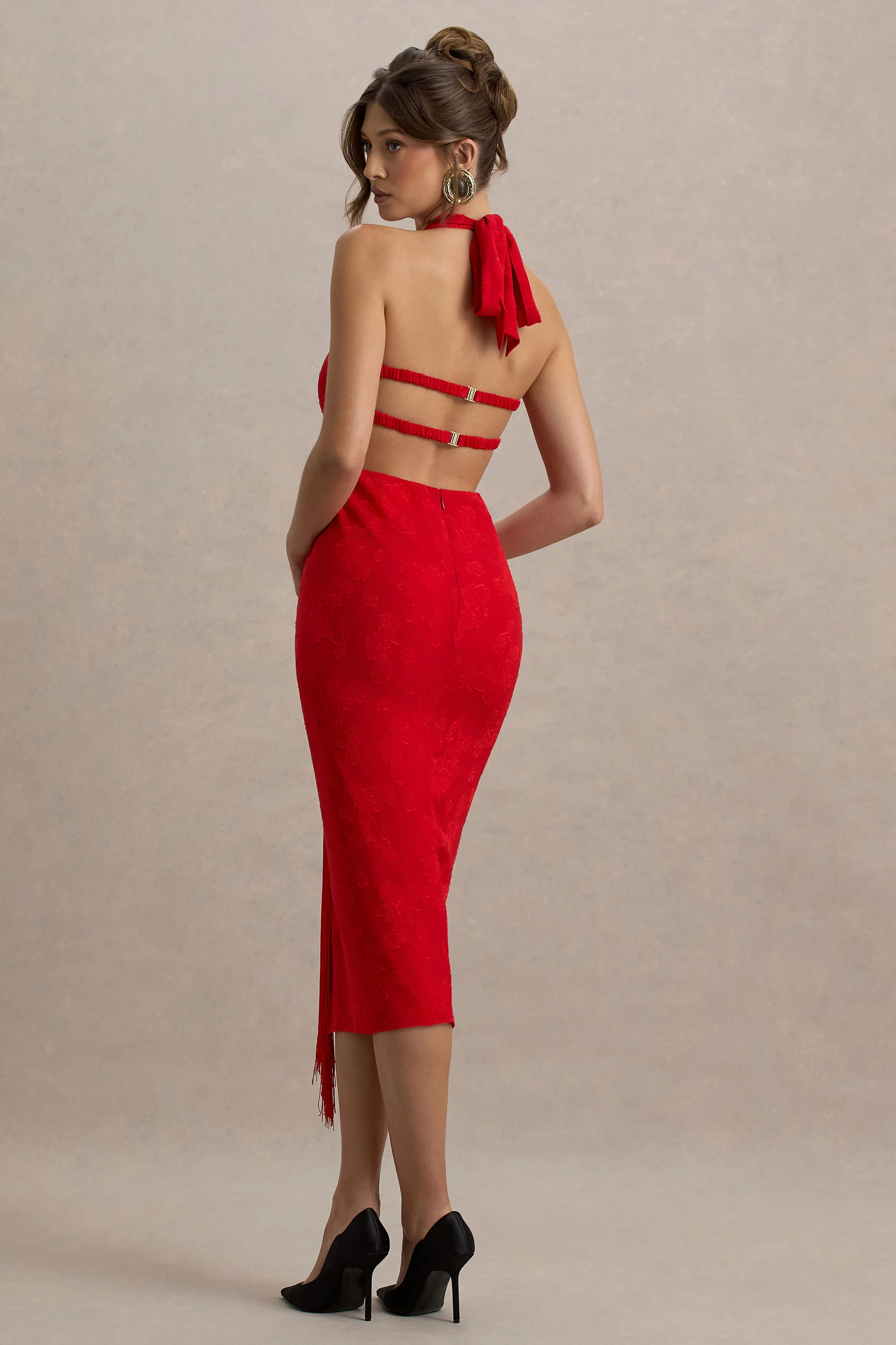 Auria | Red Satin Devore Plunge-Neck Midi Dress With Fringe Details - Image 2