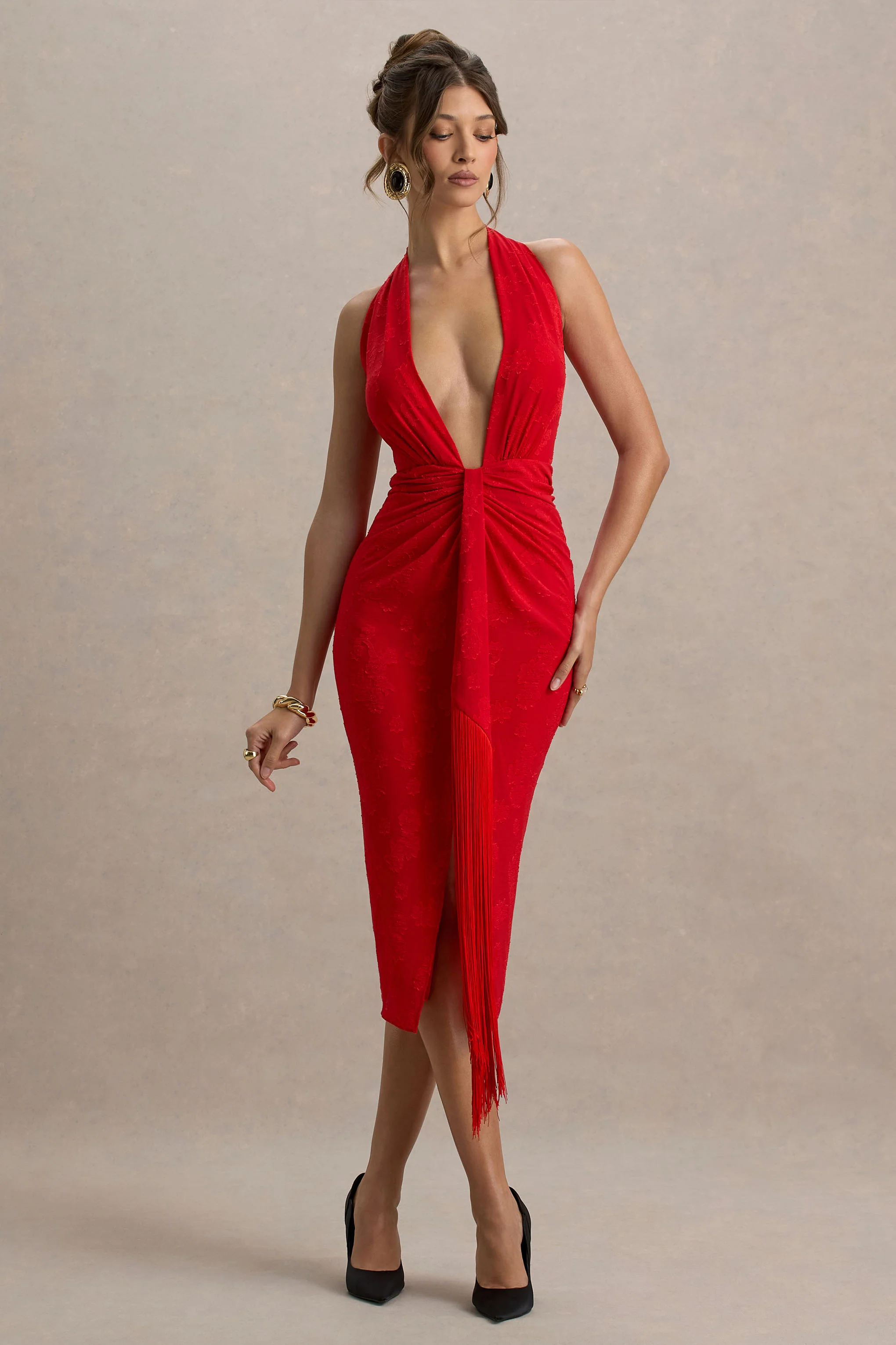 Auria | Red Satin Devore Plunge-Neck Midi Dress With Fringe Details - Image 5