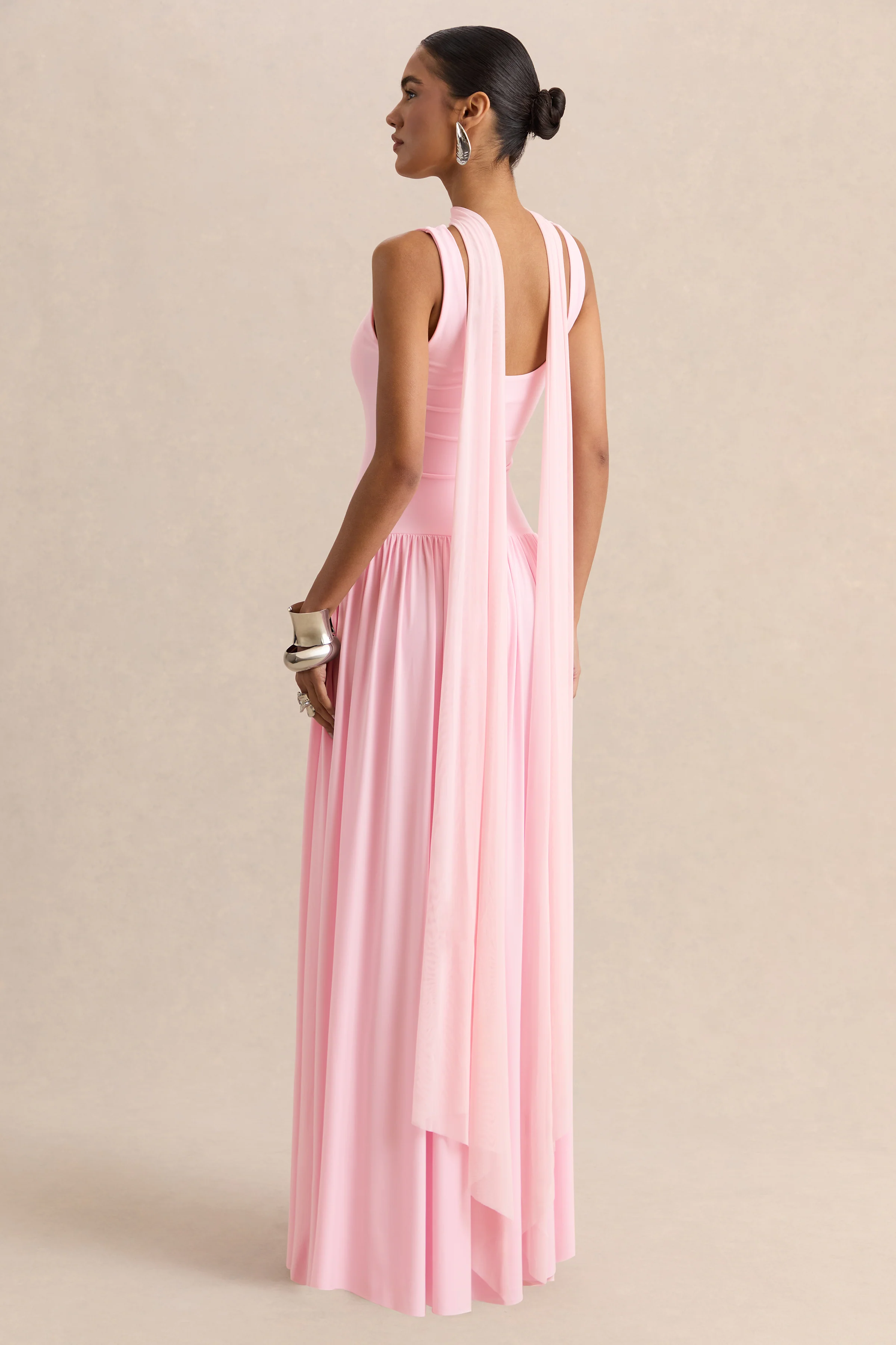 Aurina | Pink Square-Neck Maxi Dress With Cape - Image 2