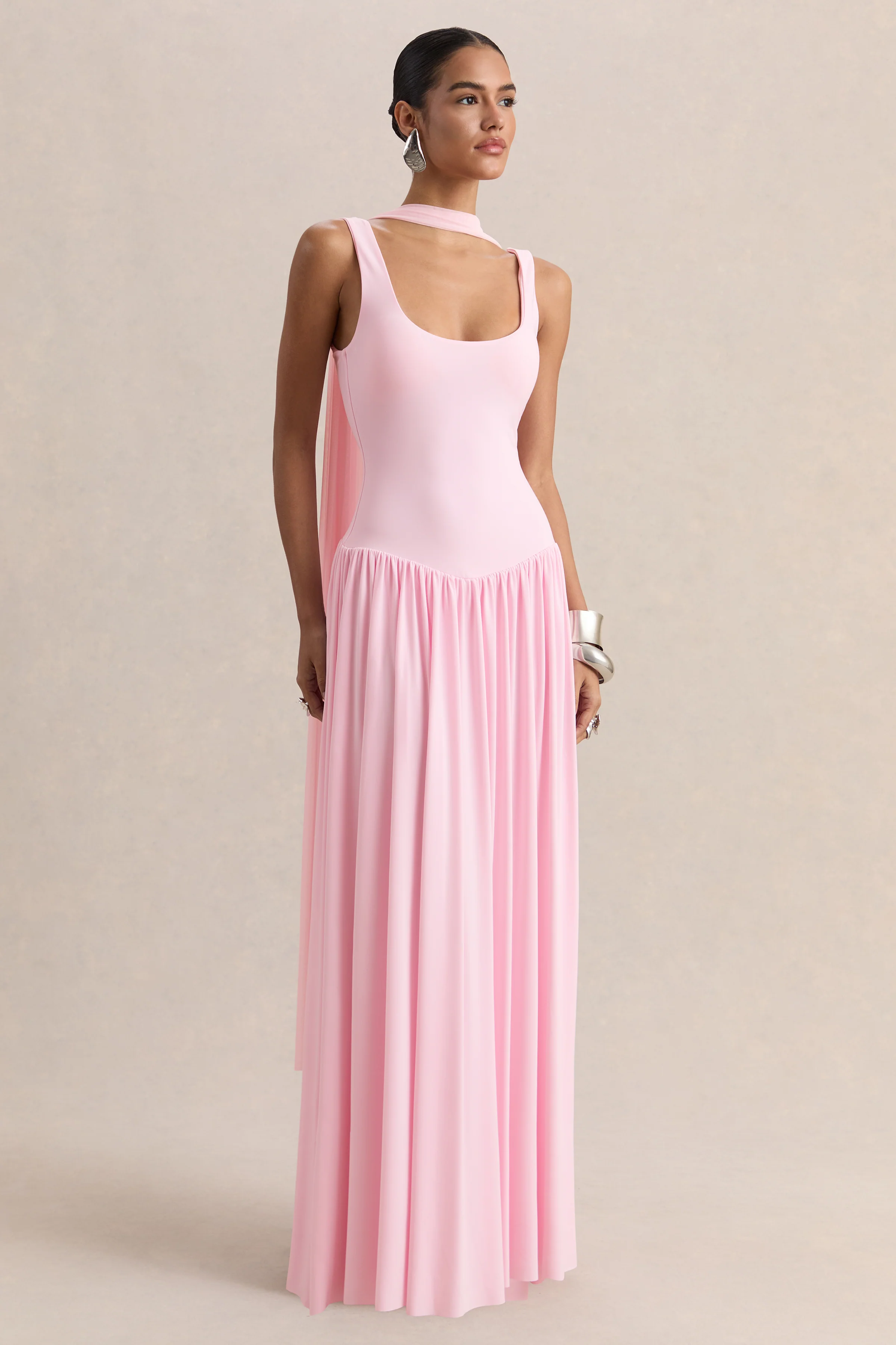 Aurina | Pink Square-Neck Maxi Dress With Cape - Image 6