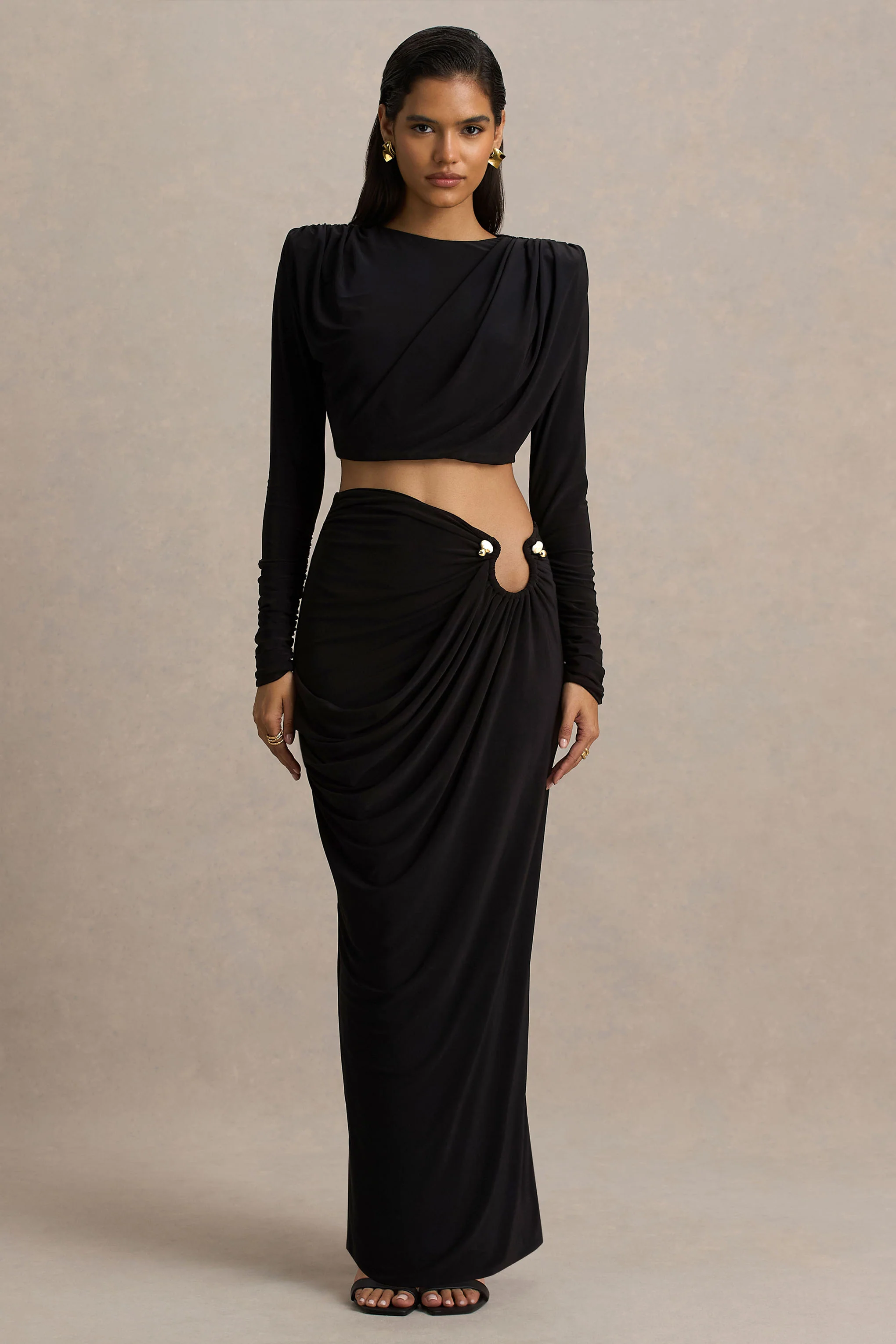 Avaline | Black Wrap Maxi Skirt With Ruched Detailing - Image 3