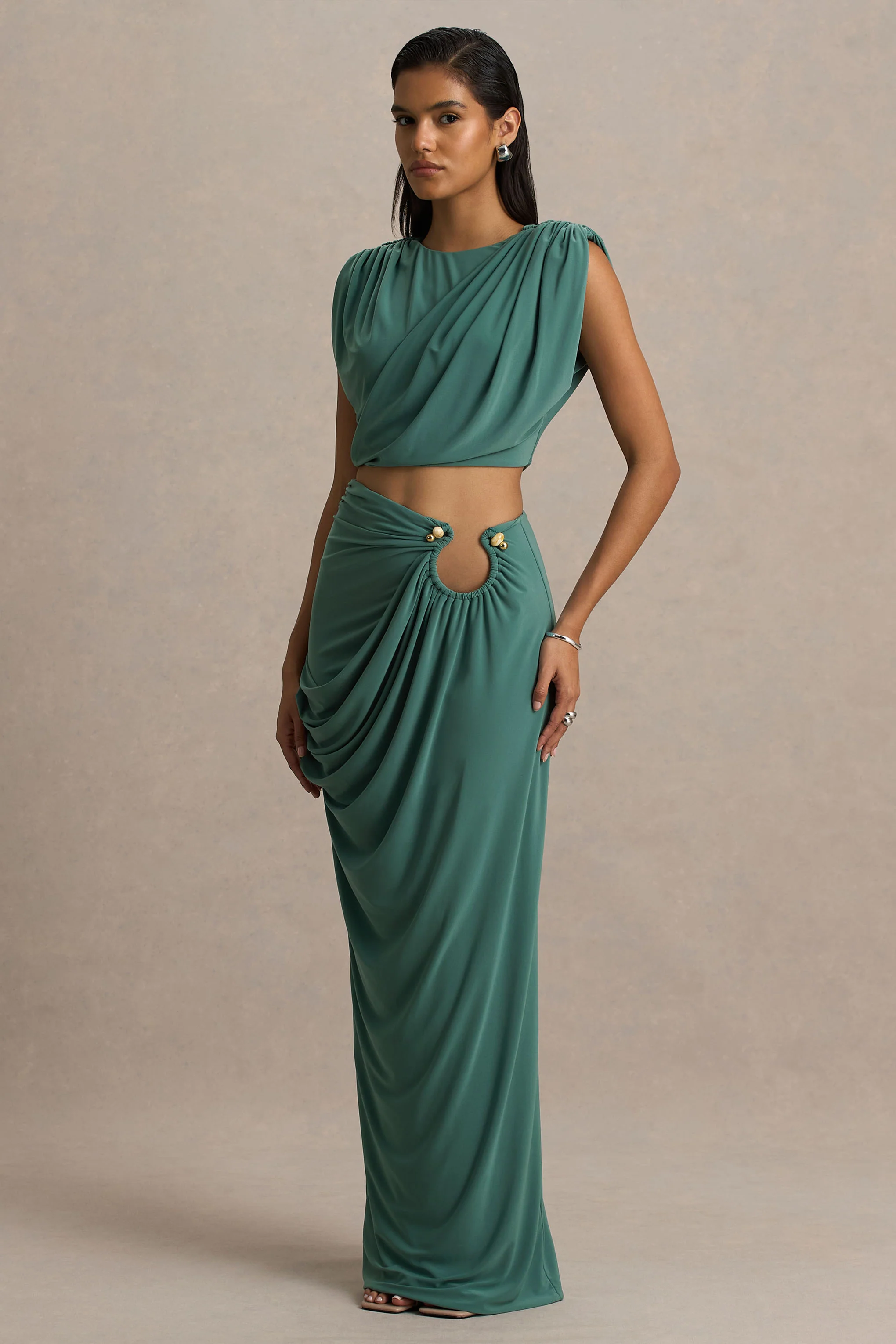 Avaline | Green Wrap Maxi Skirt With Ruched Detailing - Image 4