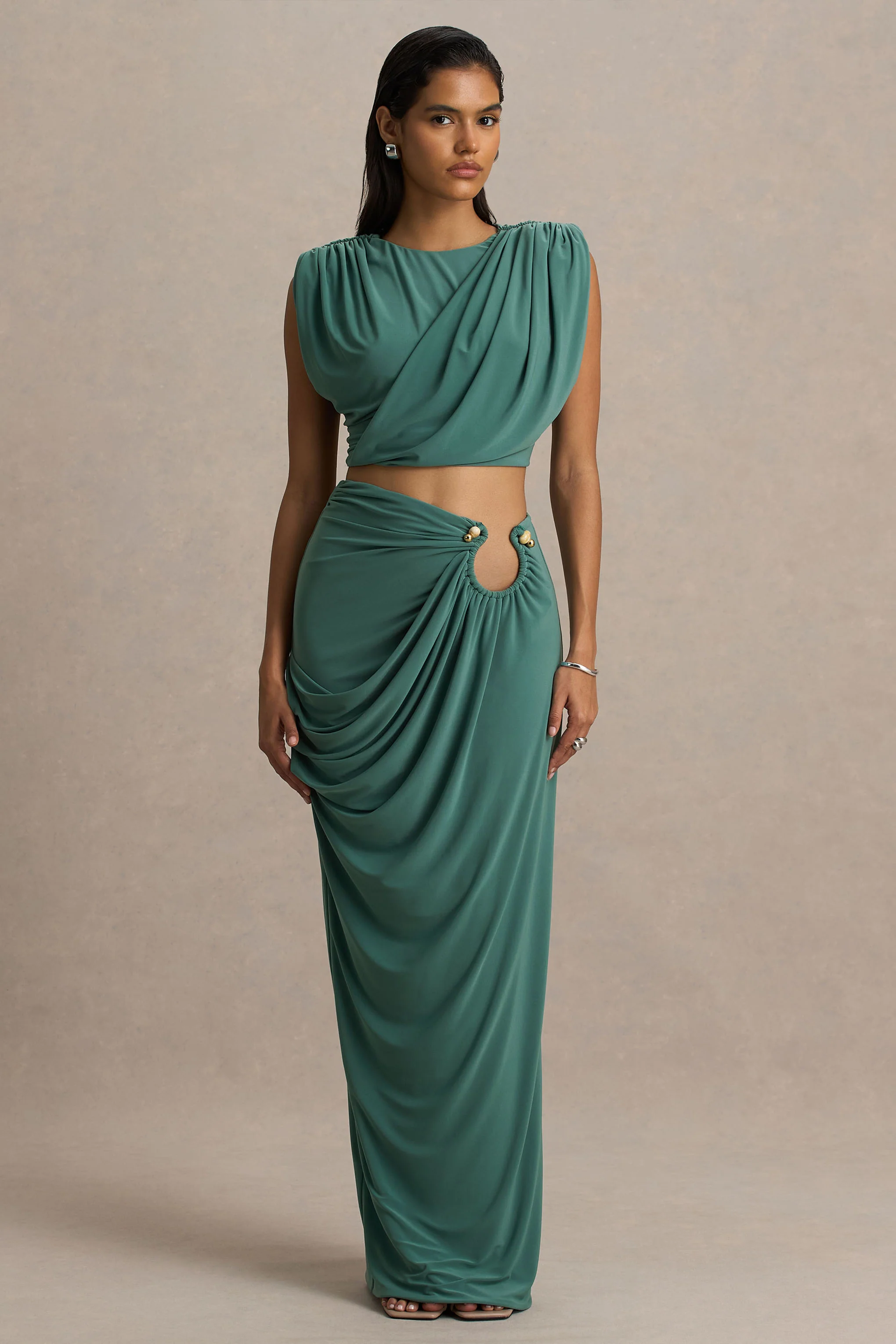 Avaline | Green Wrap Maxi Skirt With Ruched Detailing - Image 5