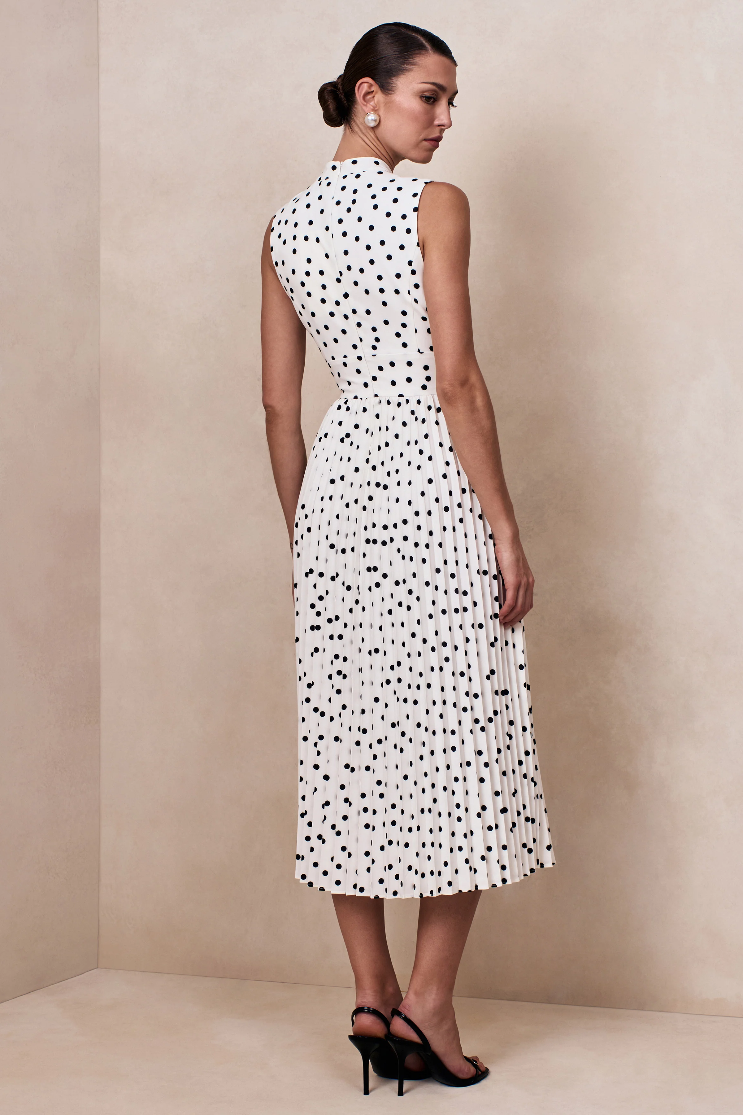 Avalon | White Polka Dot Scarf-Neck Midi Dress With Pleated Skirt - Image 2