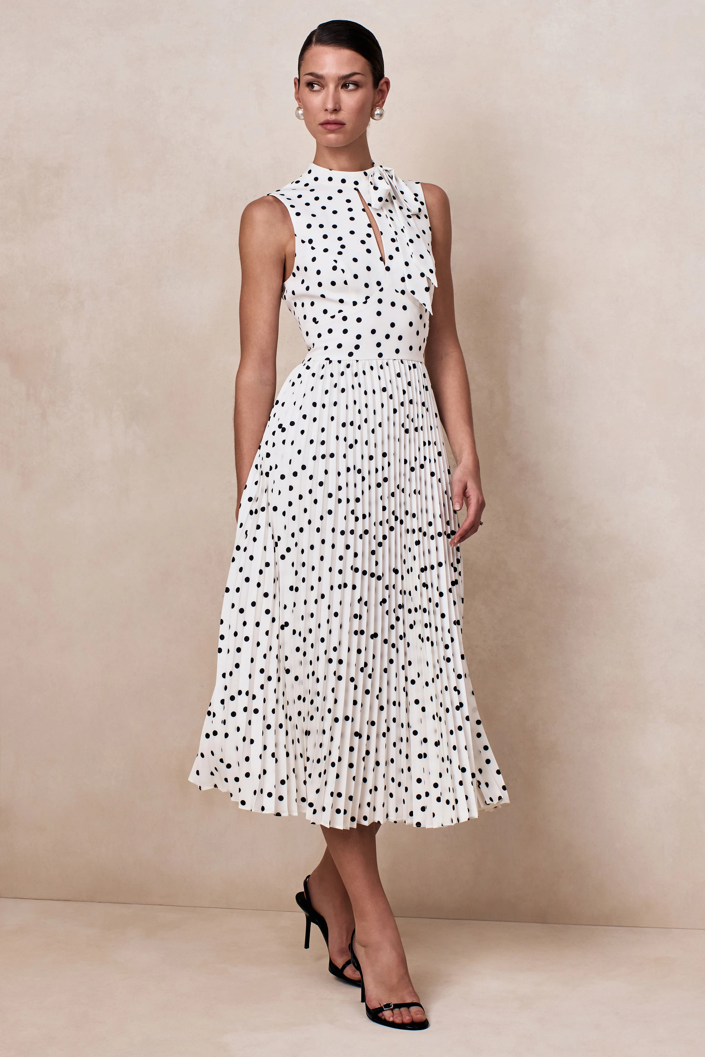 Avalon | White Polka Dot Scarf-Neck Midi Dress With Pleated Skirt - Image 4