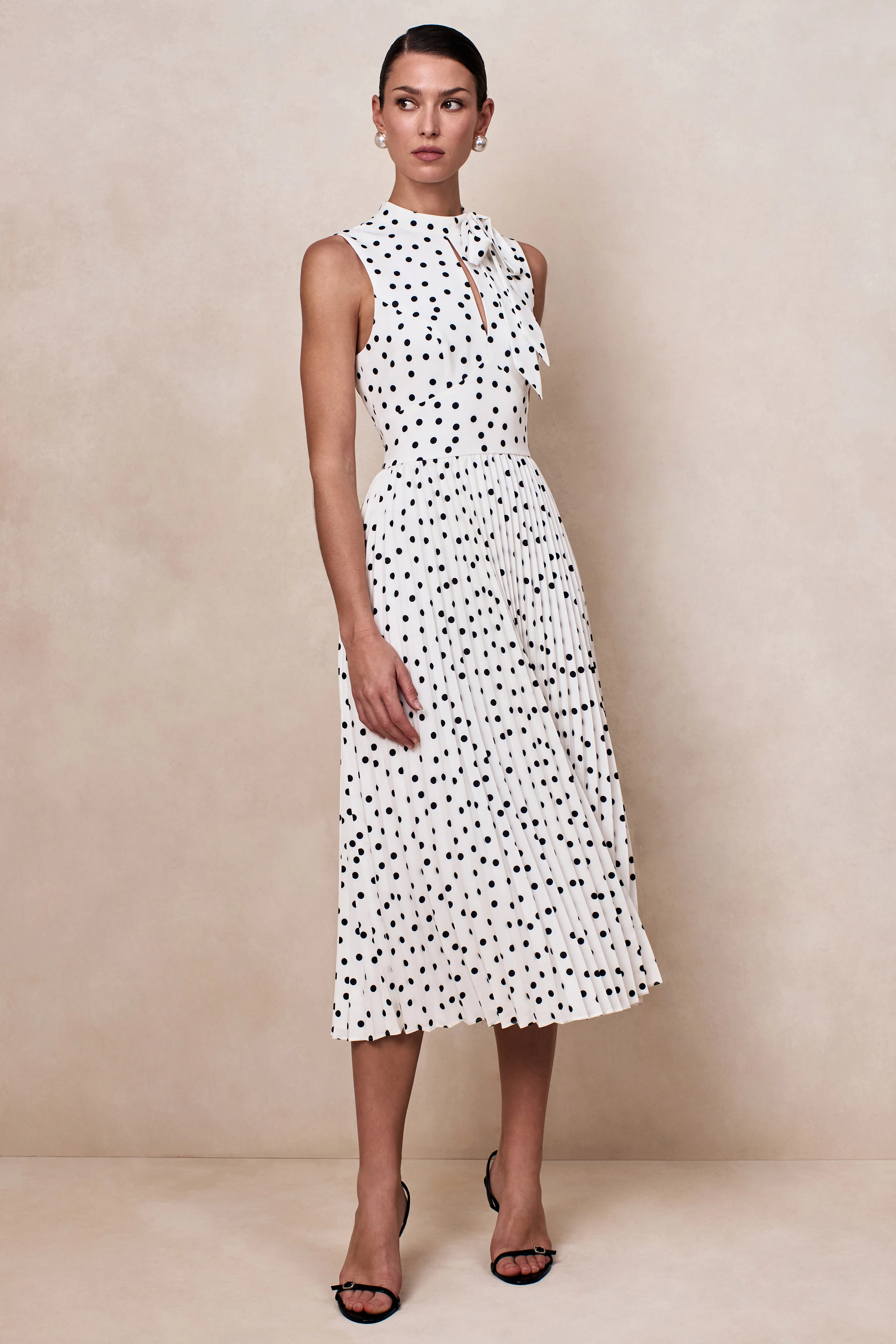 Avalon | White Polka Dot Scarf-Neck Midi Dress With Pleated Skirt - Image 6