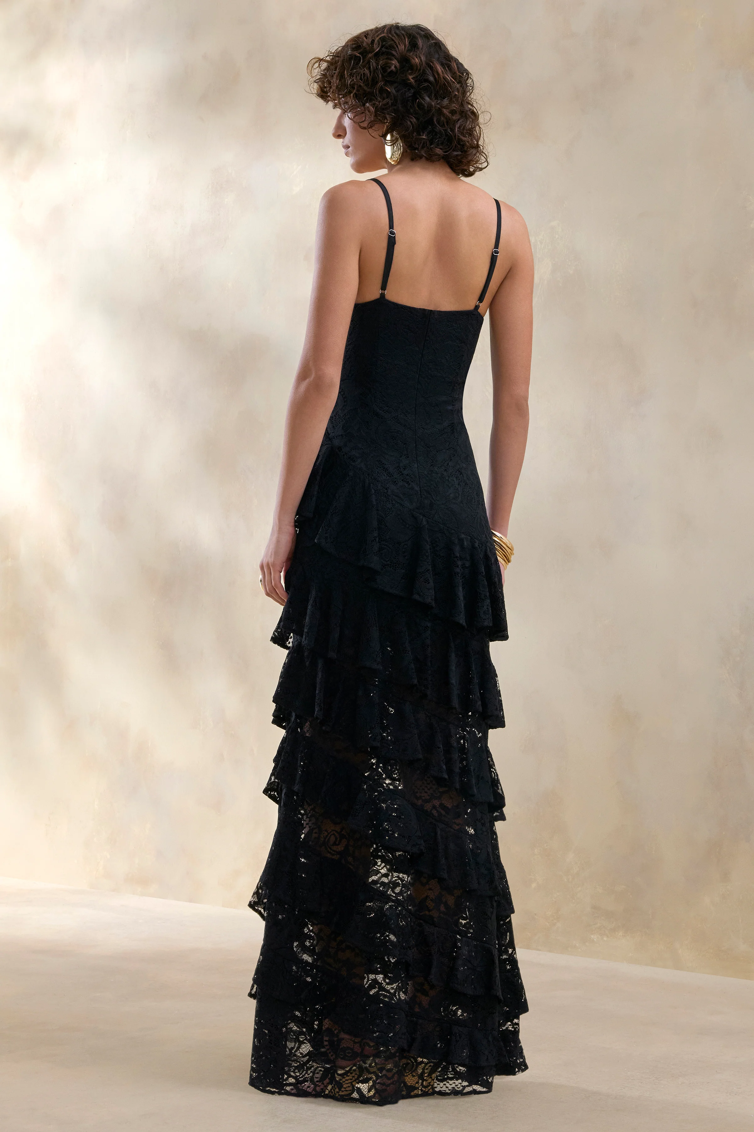Avelisse | Black Lace Plunge-Neck Maxi Dress With Ruffled Detailing - Image 2