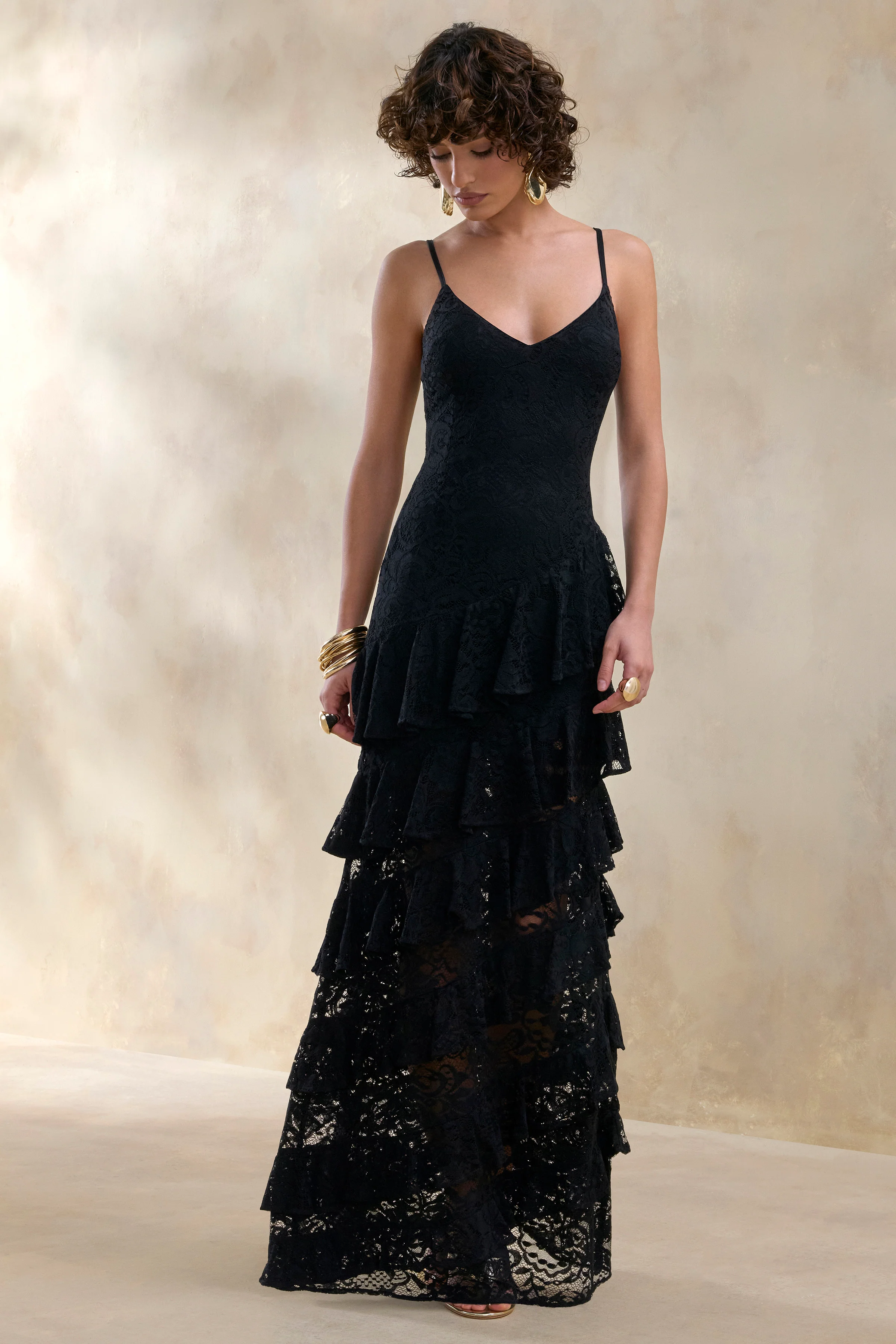 Avelisse | Black Lace Plunge-Neck Maxi Dress With Ruffled Detailing - Image 4
