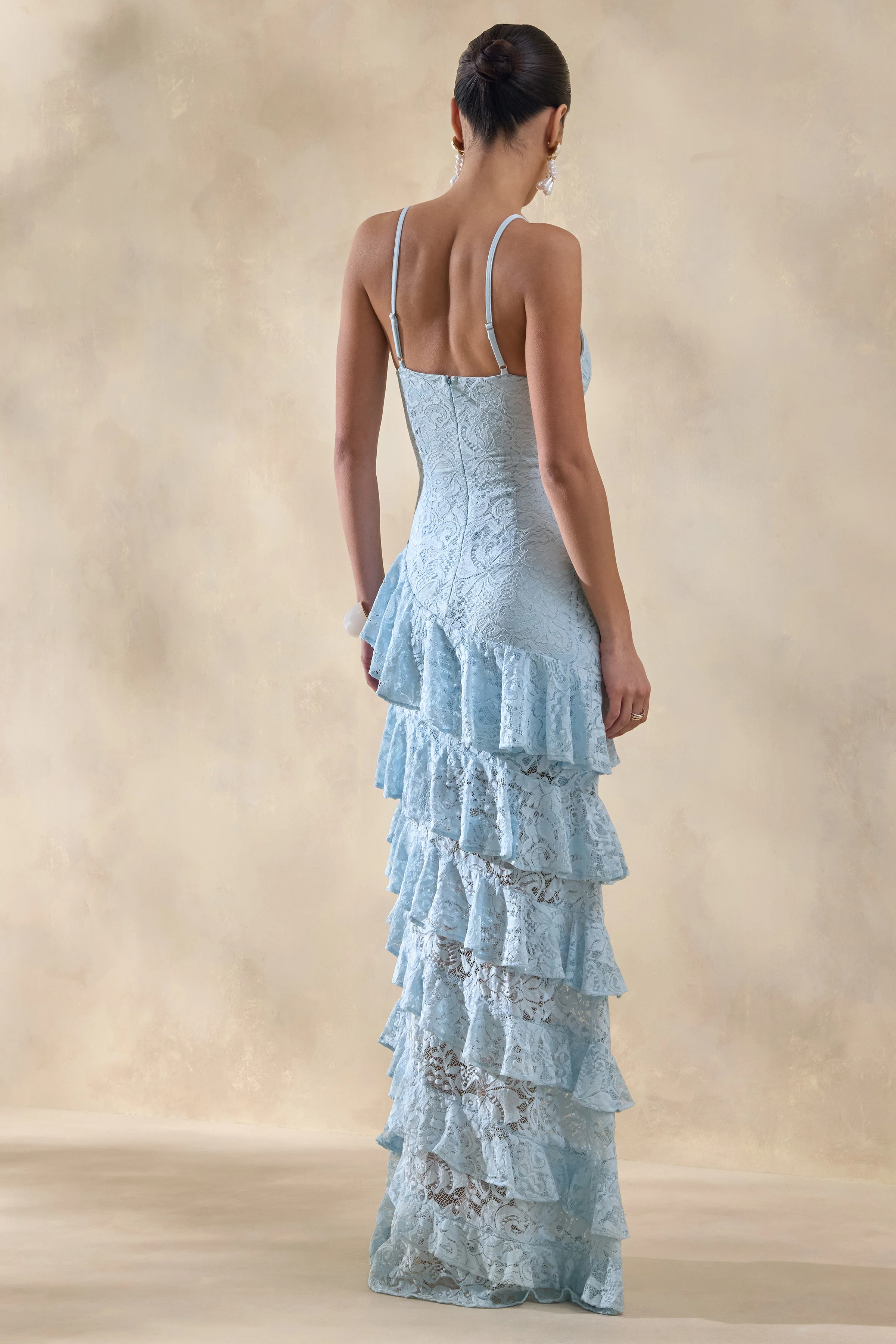 Avelisse | Blue Lace Plunge-Neck Maxi Dress With Ruffled Detailing - Image 2