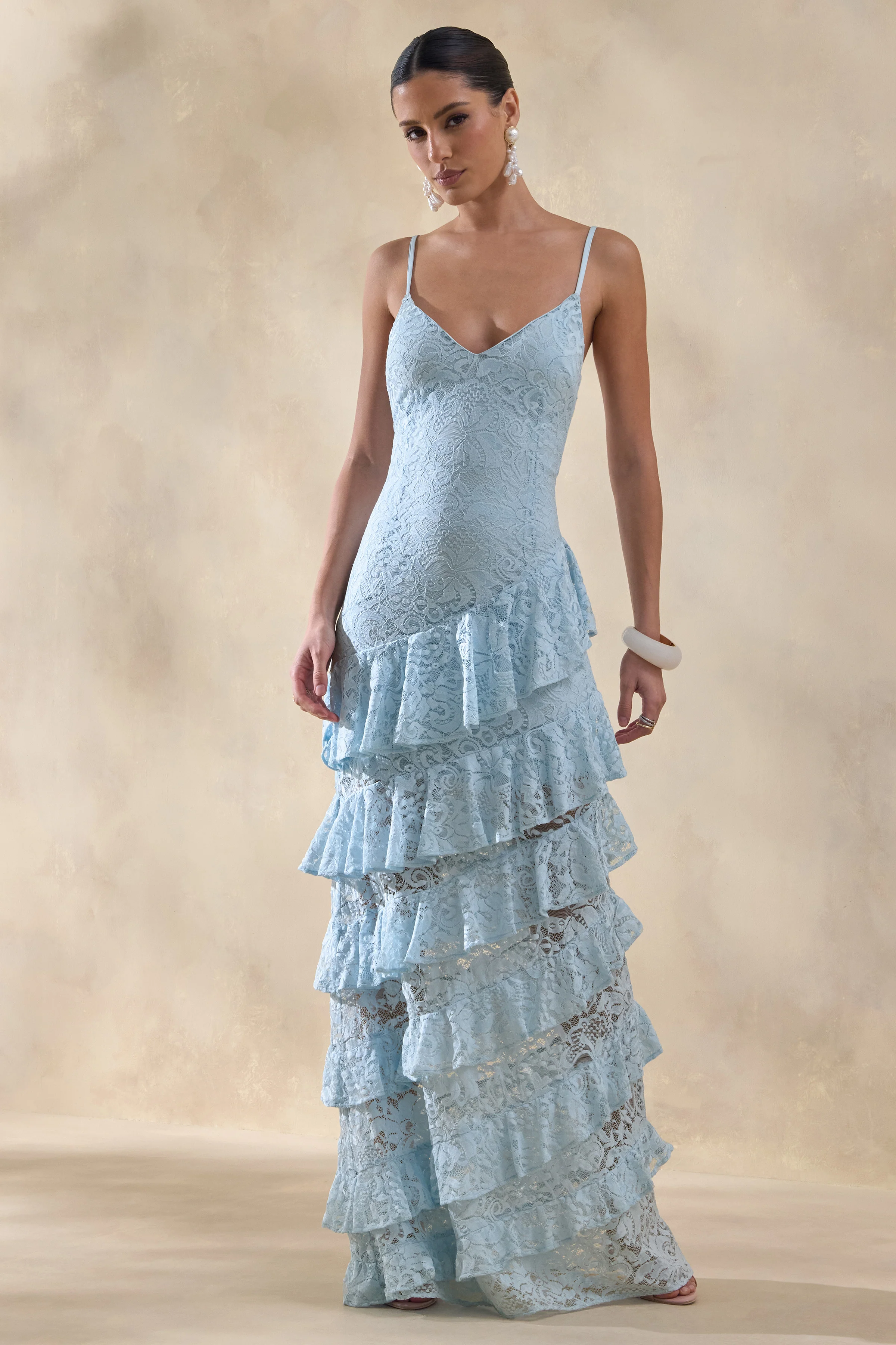 Avelisse | Blue Lace Plunge-Neck Maxi Dress With Ruffled Detailing - Image 6