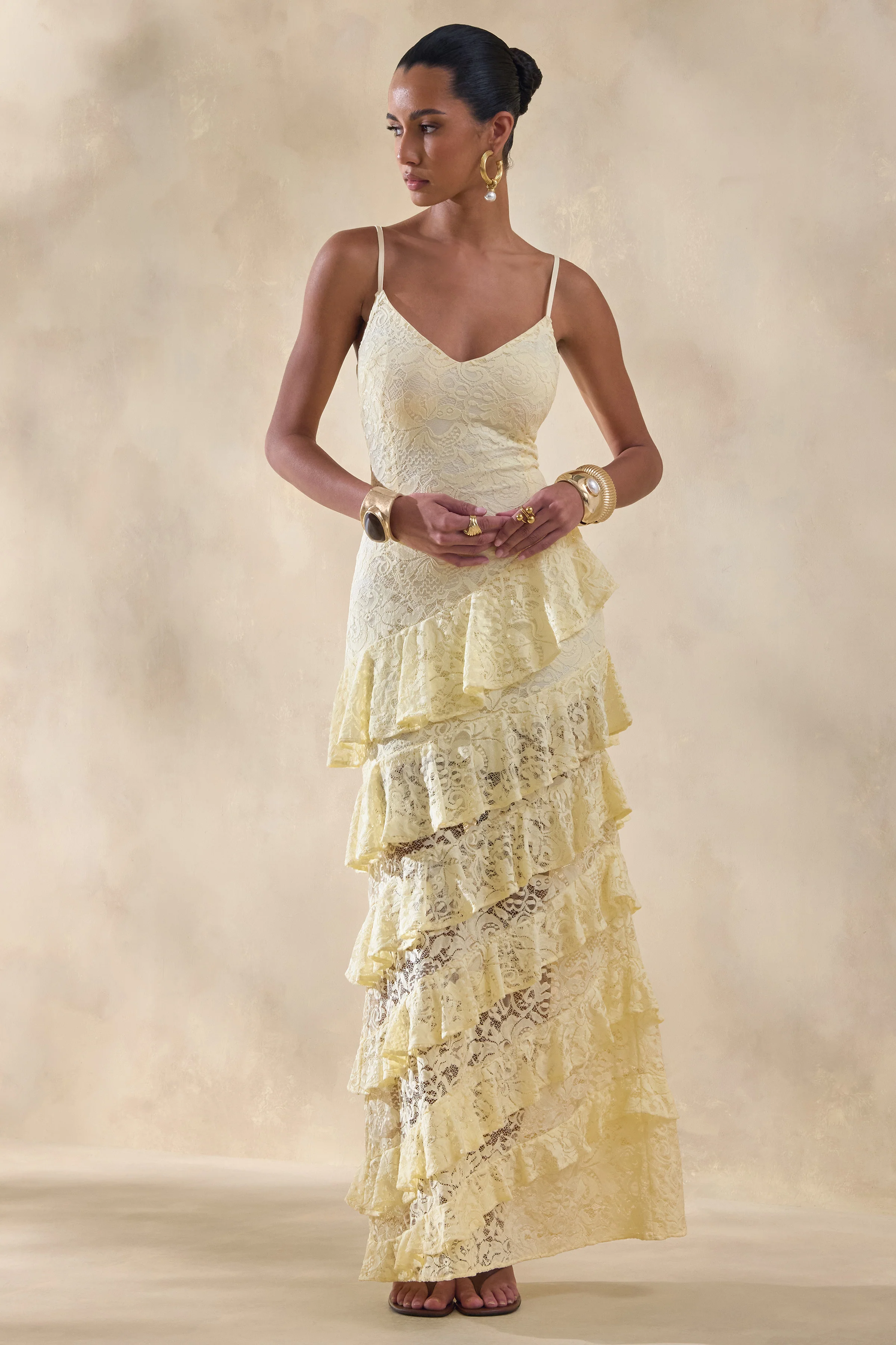 Avelisse | Lemon Lace Plunge-Neck Maxi Dress With Ruffled Detailing - Image 4