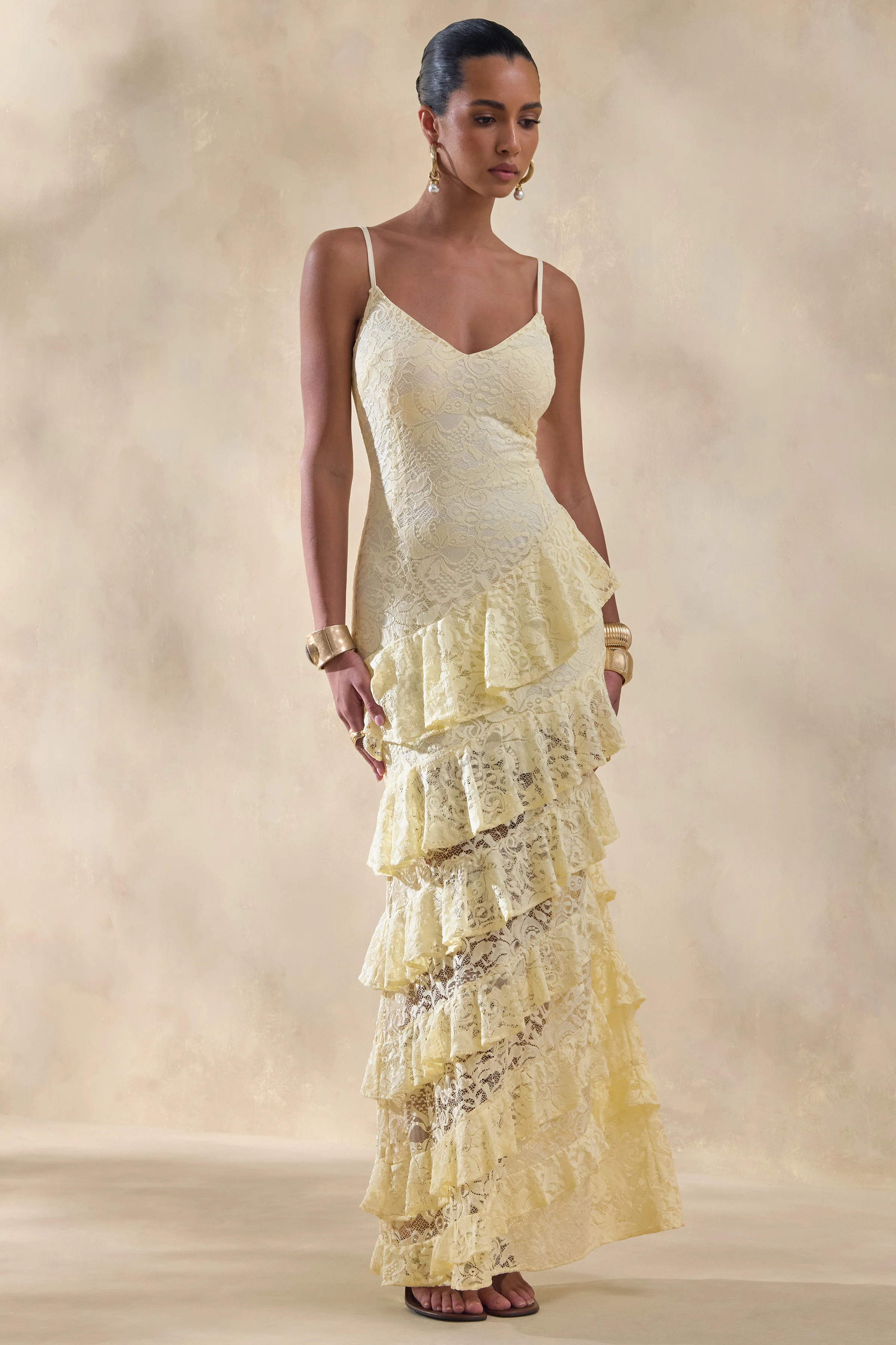 Avelisse | Lemon Lace Plunge-Neck Maxi Dress With Ruffled Detailing - Image 5