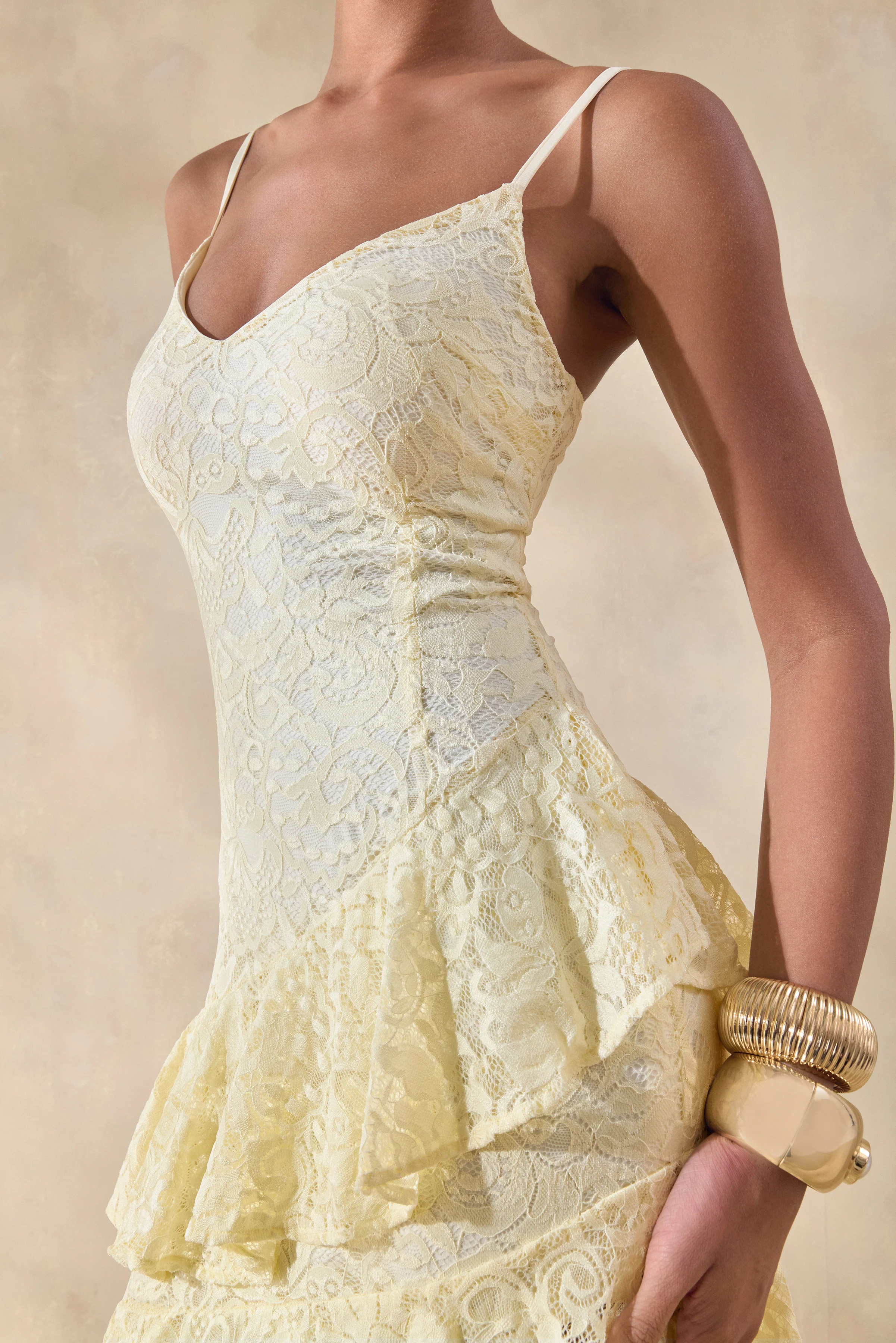 Avelisse | Lemon Lace Plunge-Neck Maxi Dress With Ruffled Detailing - Image 6