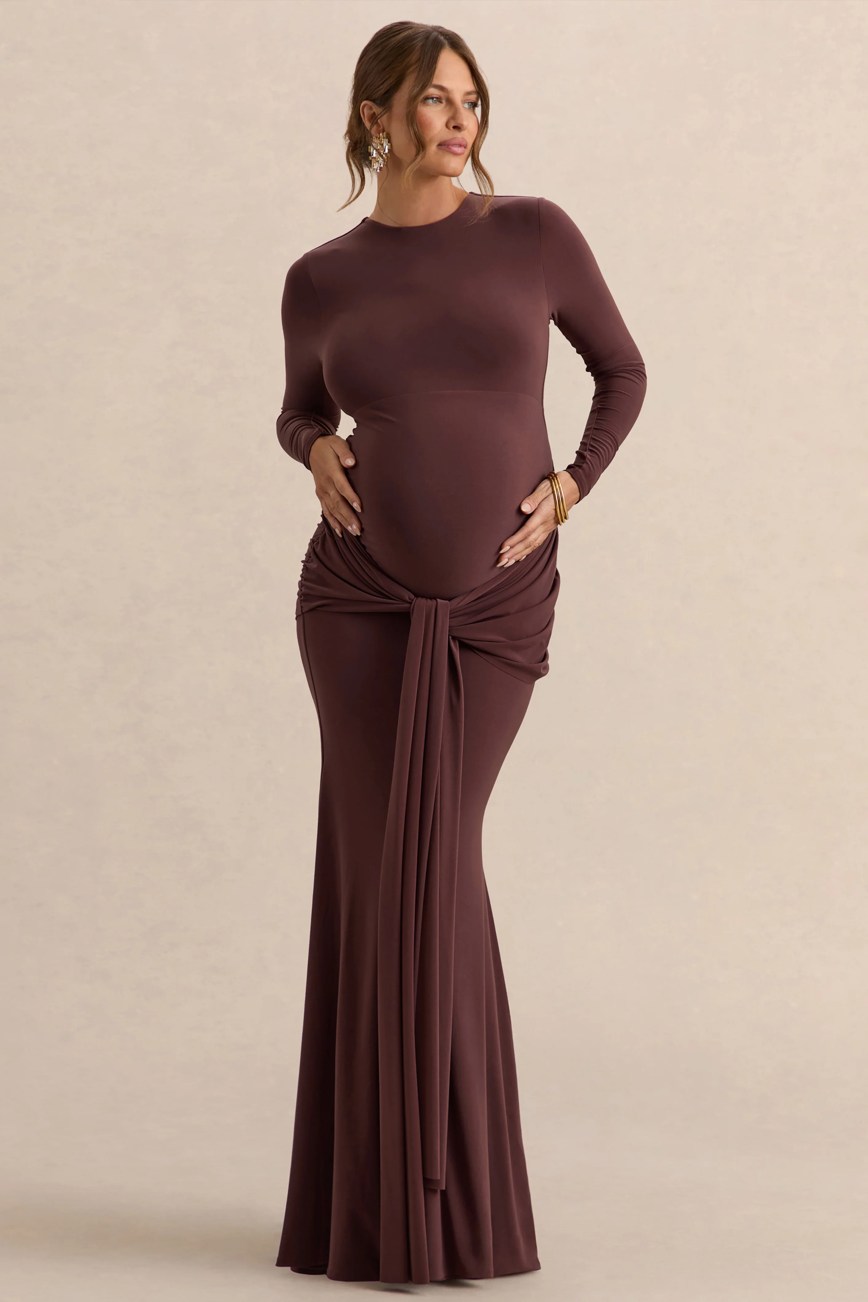 Aveny | Brown Crew-Neck Maternity Maxi Dress With Ruched-Detailing And Sash - Image 5