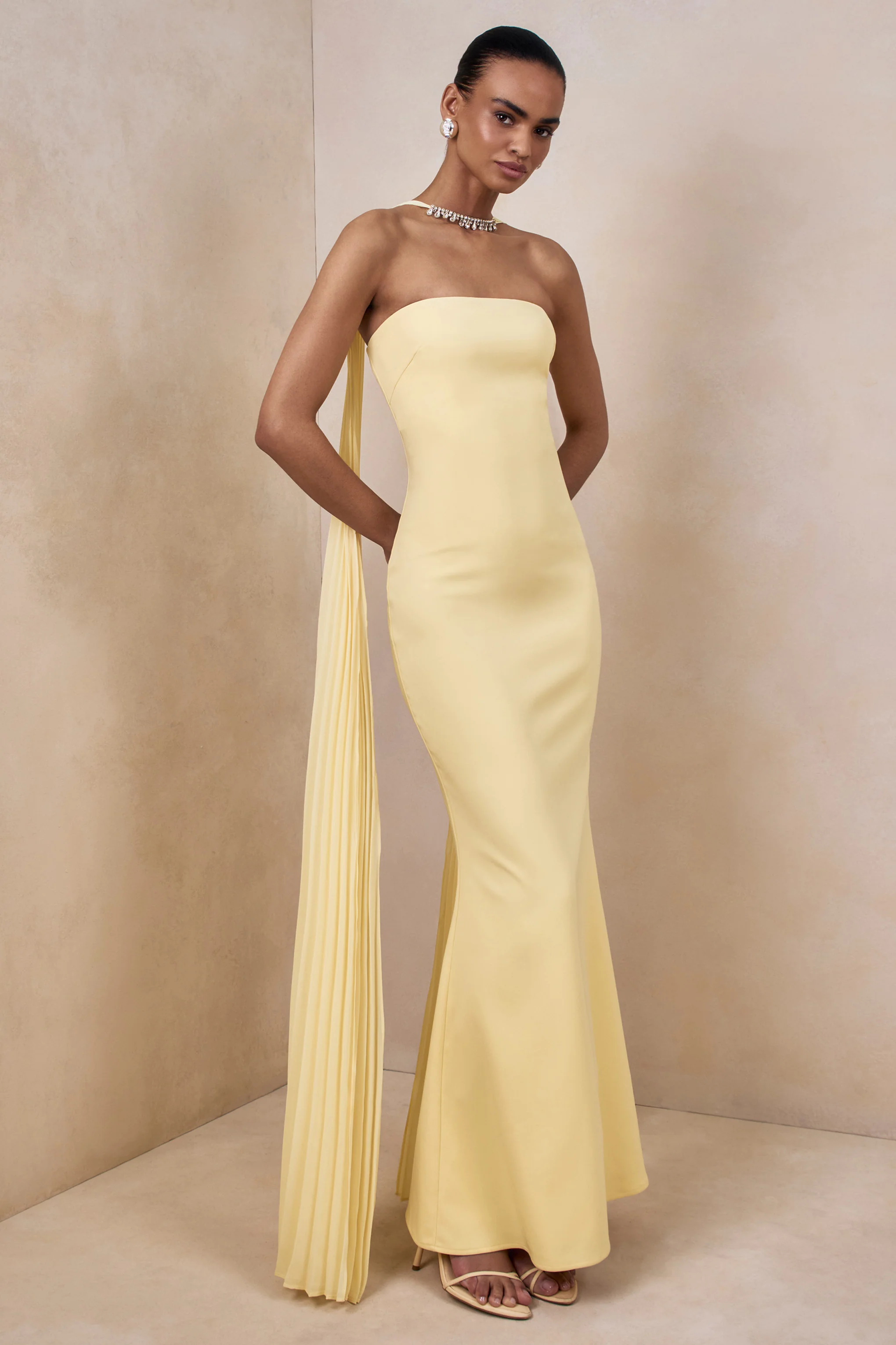 Avery | Lemon Bandeau Maxi Dress With Embellished Scarf - Image 3
