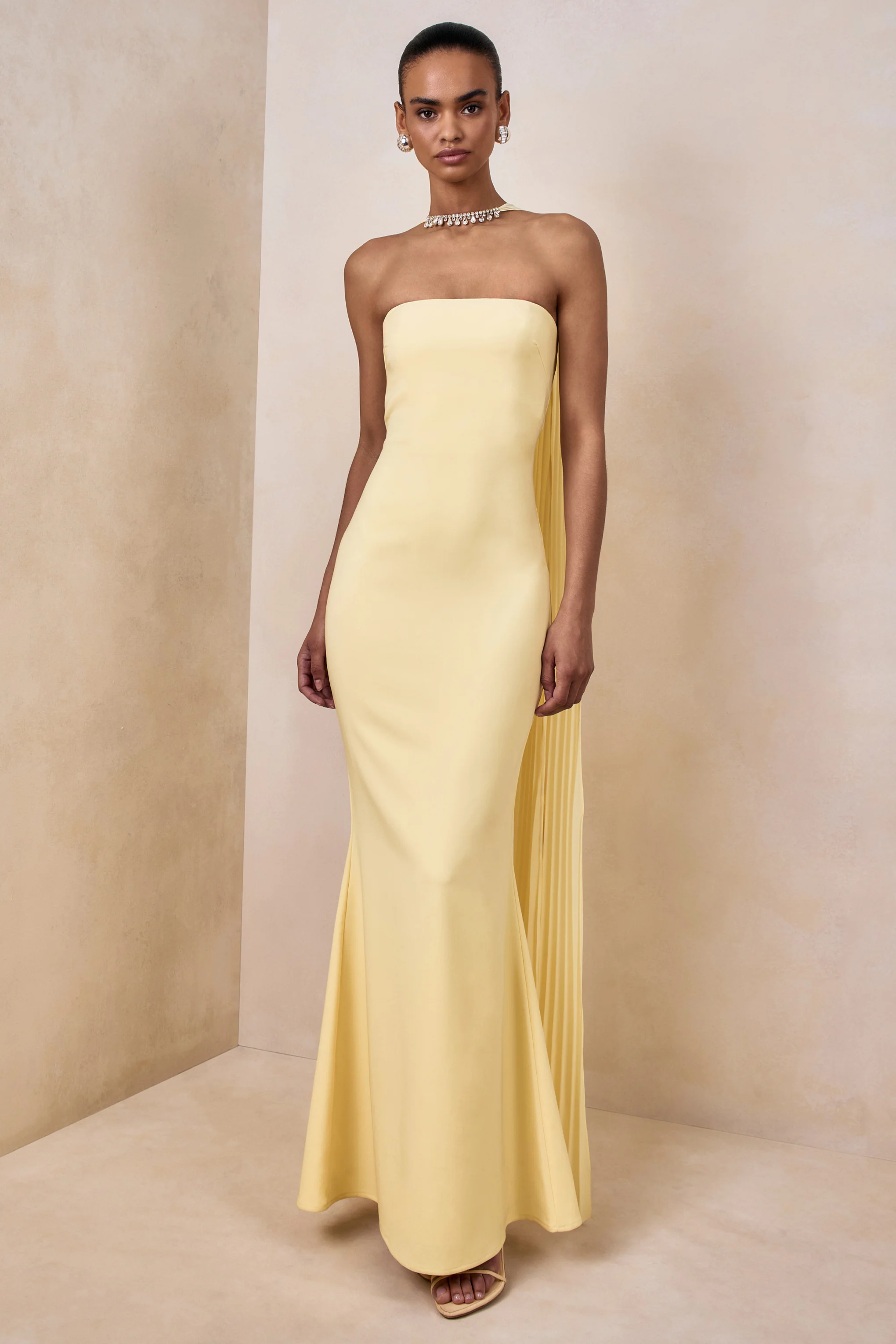 Avery | Lemon Bandeau Maxi Dress With Embellished Scarf - Image 4