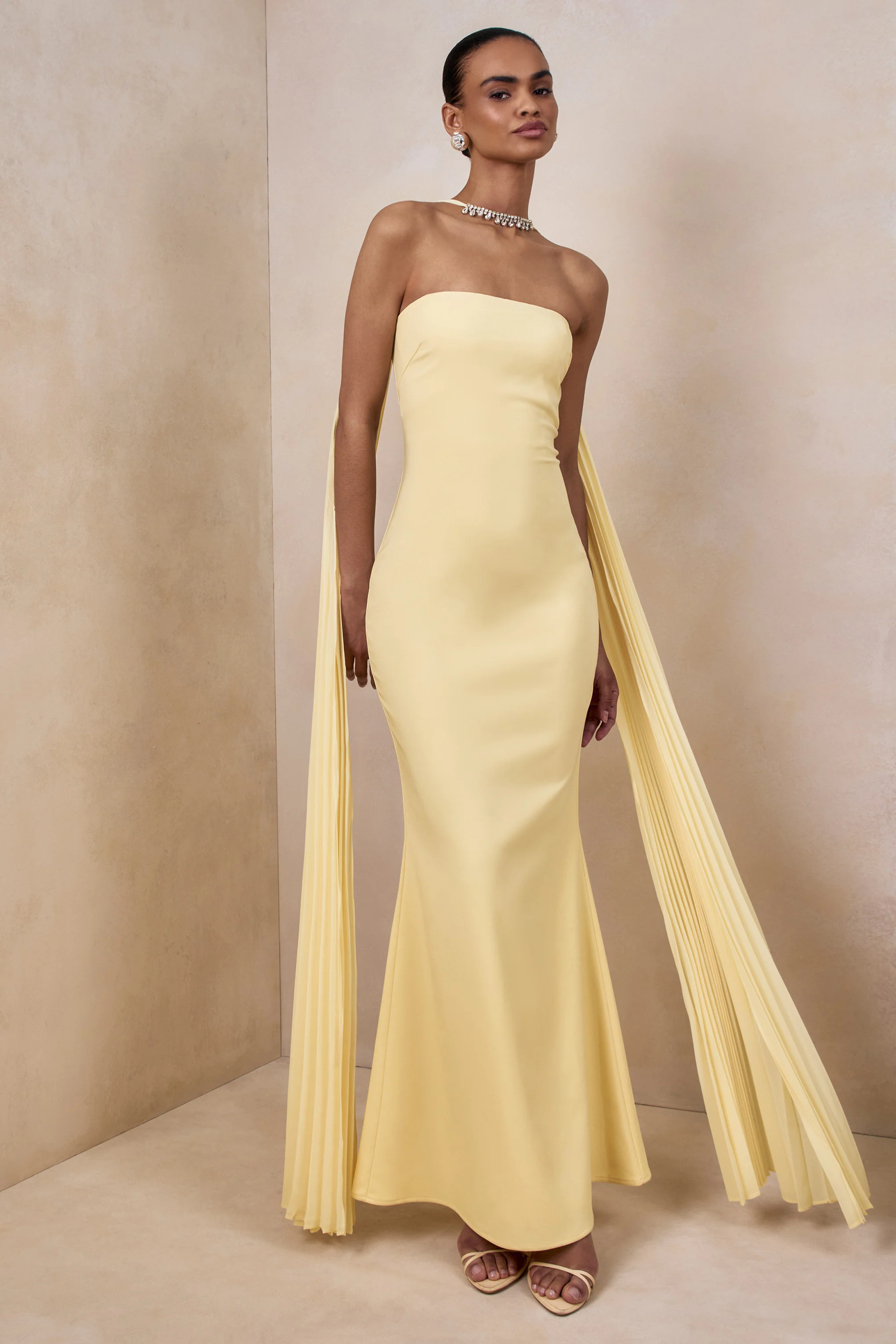 Avery | Lemon Bandeau Maxi Dress With Embellished Scarf - Image 5