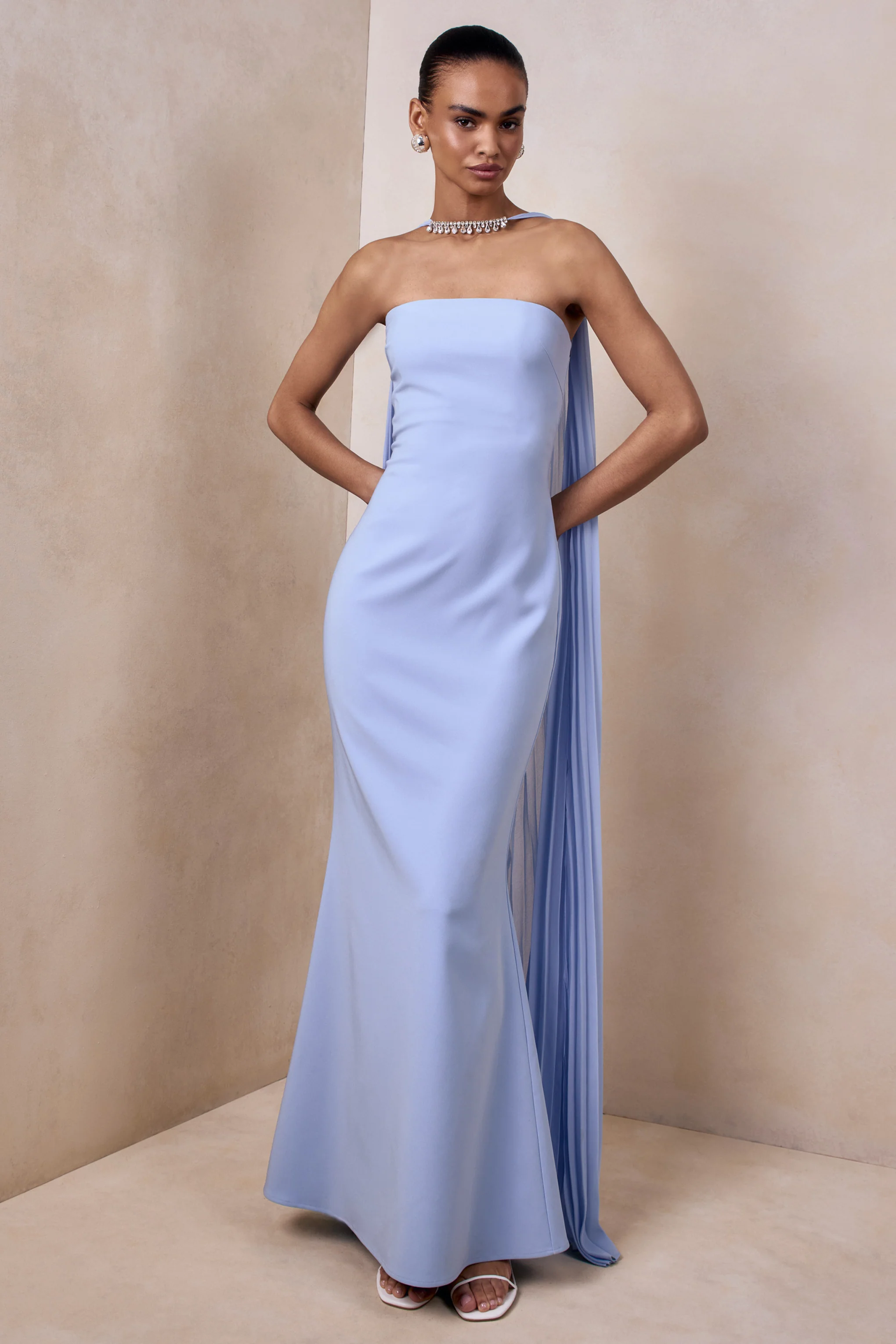 Avery | Powder Blue Bandeau Maxi Dress With Embellished Scarf - Image 4