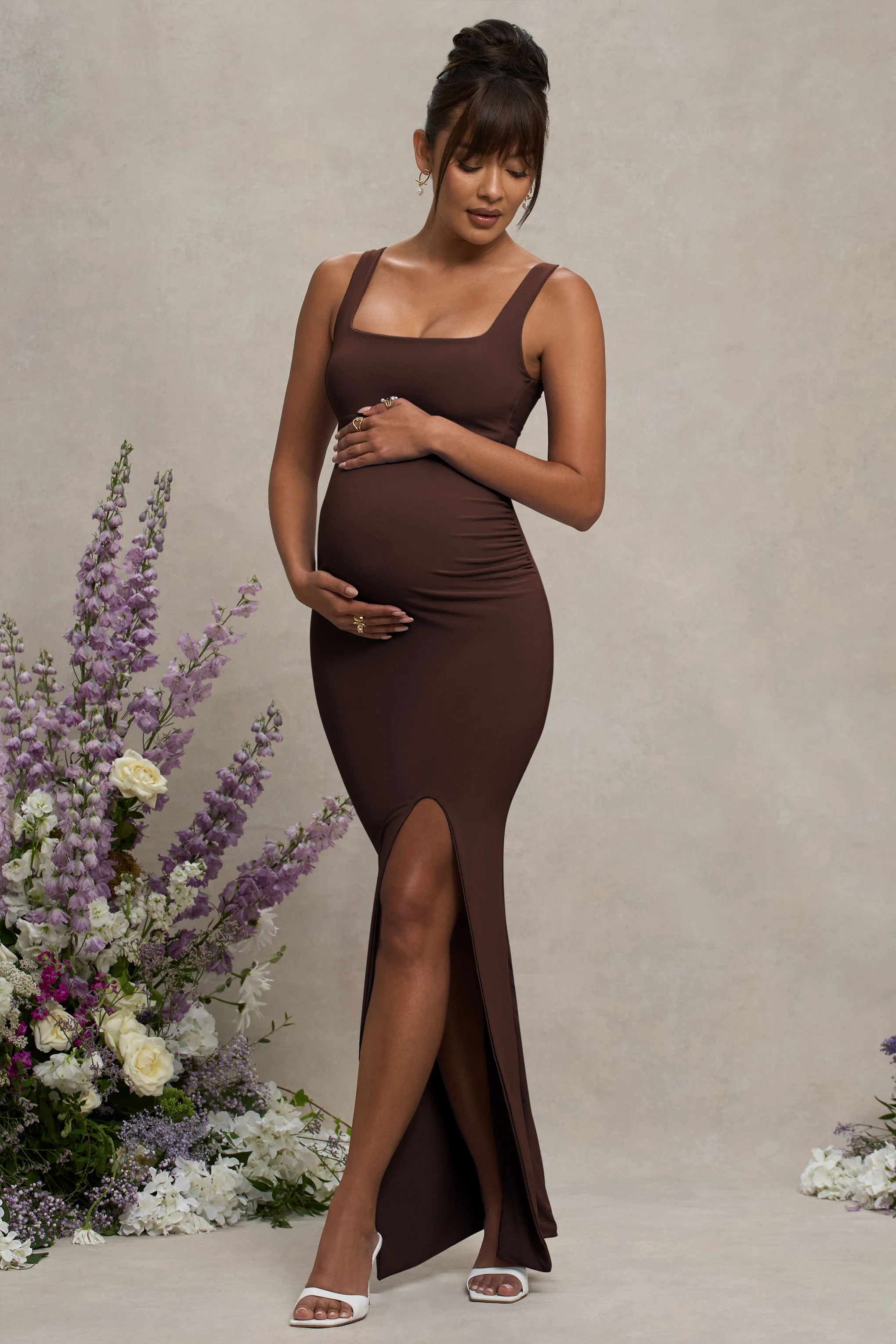 Avril | Brown Square Neck Maternity Maxi Dress with Split - Image 4