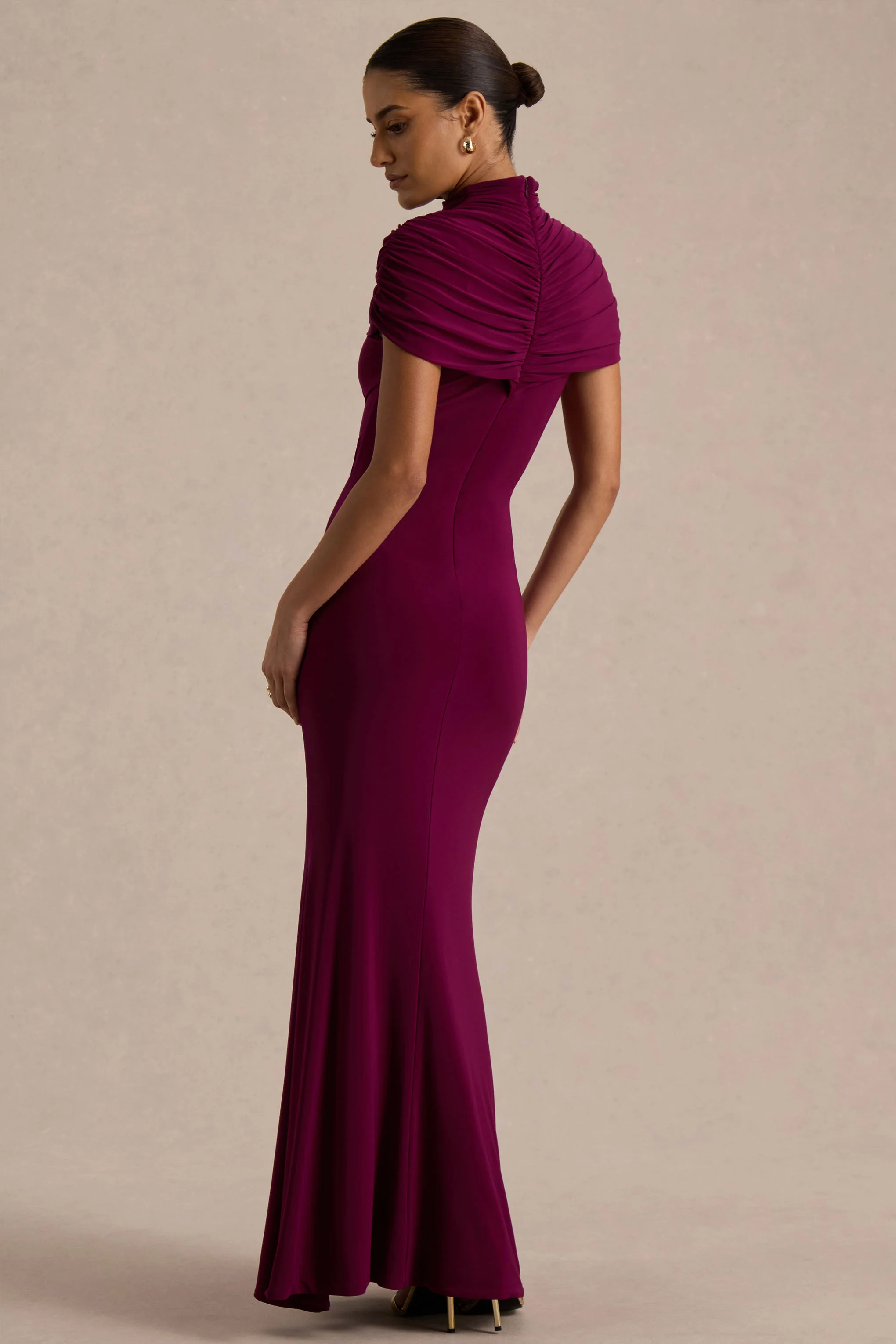 Azaria | Burgundy High-Neck Maxi Dress With Ruched Detailing - Image 2