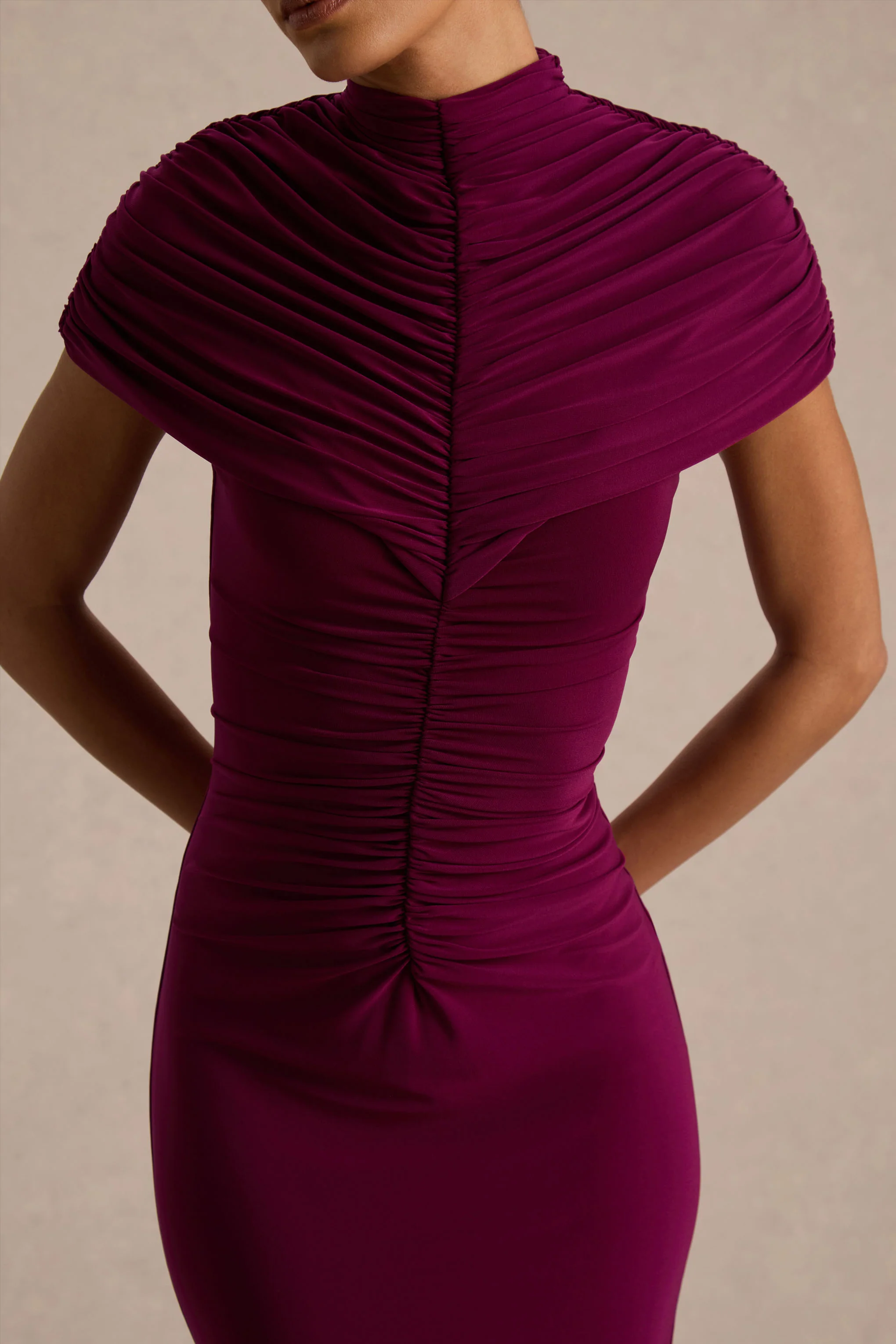 Azaria | Burgundy High-Neck Maxi Dress With Ruched Detailing - Image 3