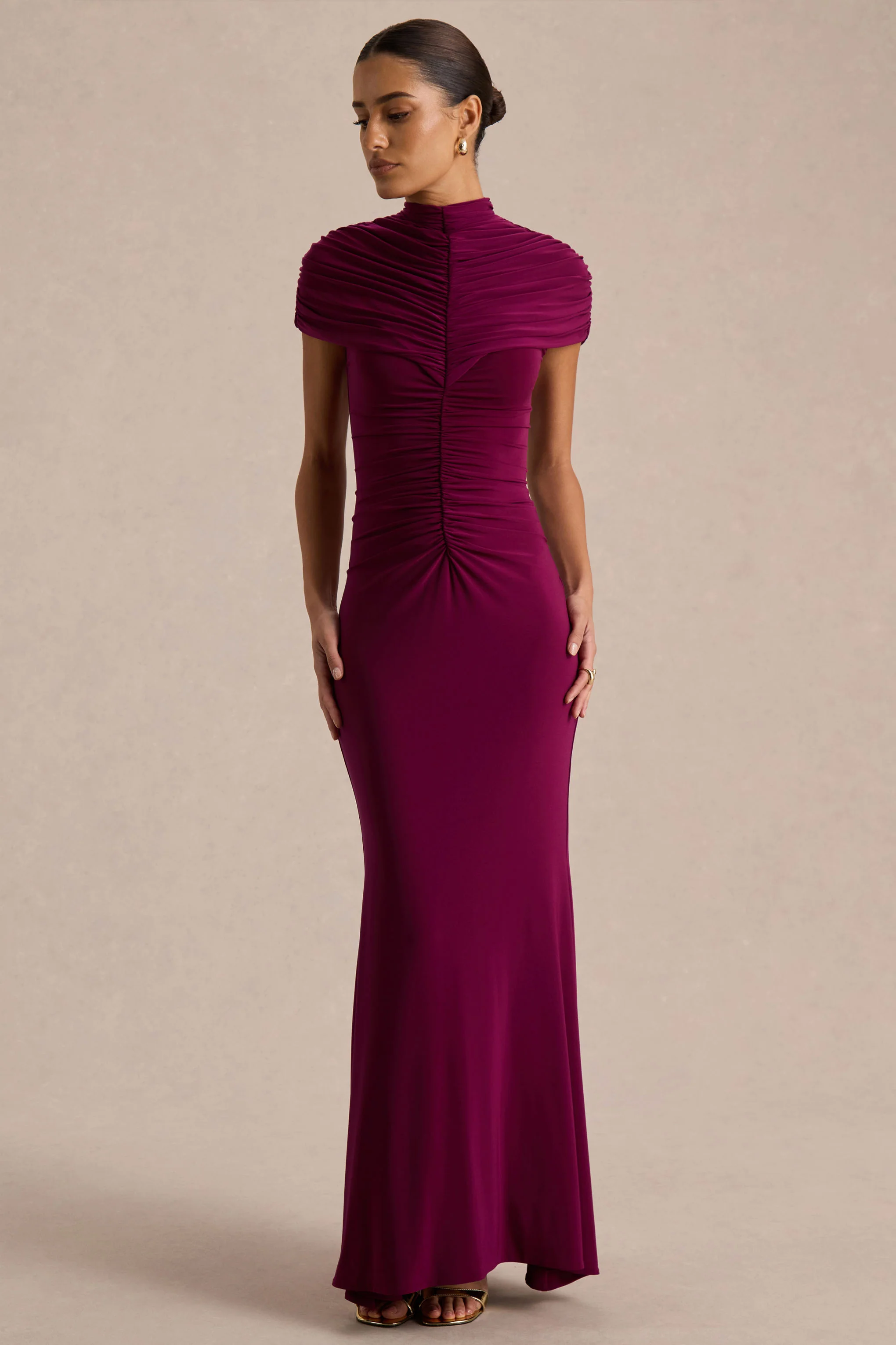 Azaria | Burgundy High-Neck Maxi Dress With Ruched Detailing - Image 4