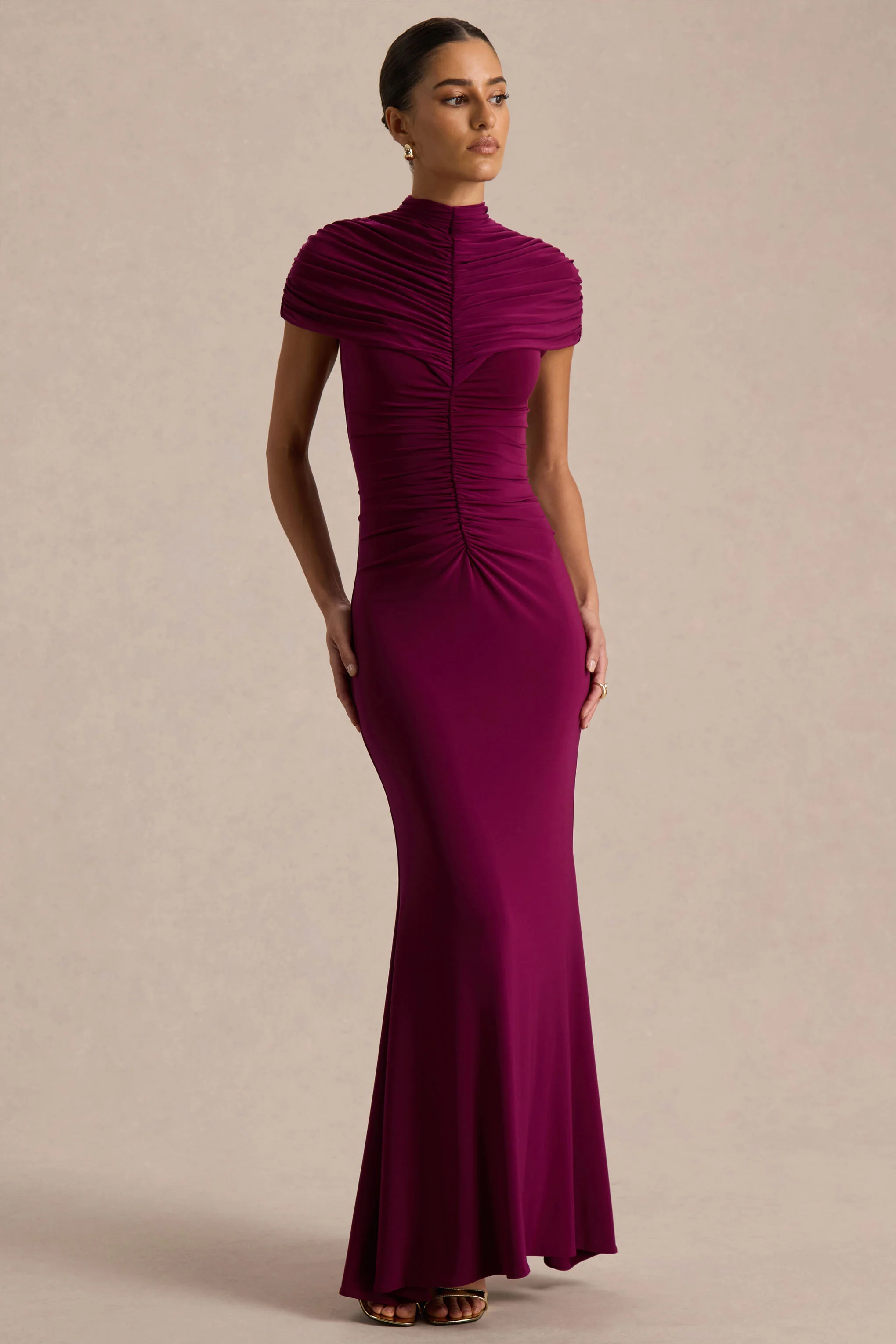Azaria | Burgundy High-Neck Maxi Dress With Ruched Detailing - Image 5