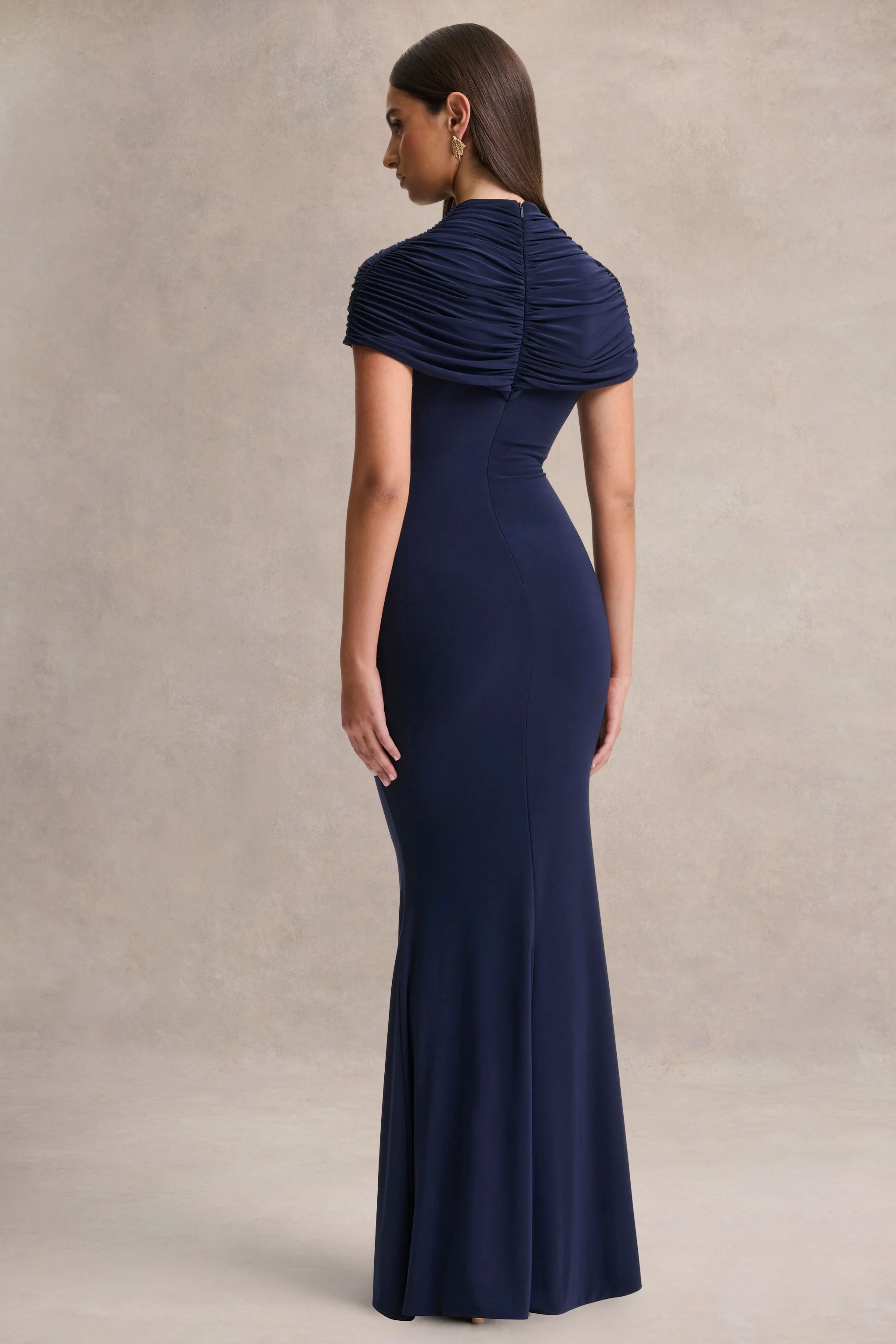 Azaria | Navy High-Neck Maxi Dress With Ruched Detailing - Image 2