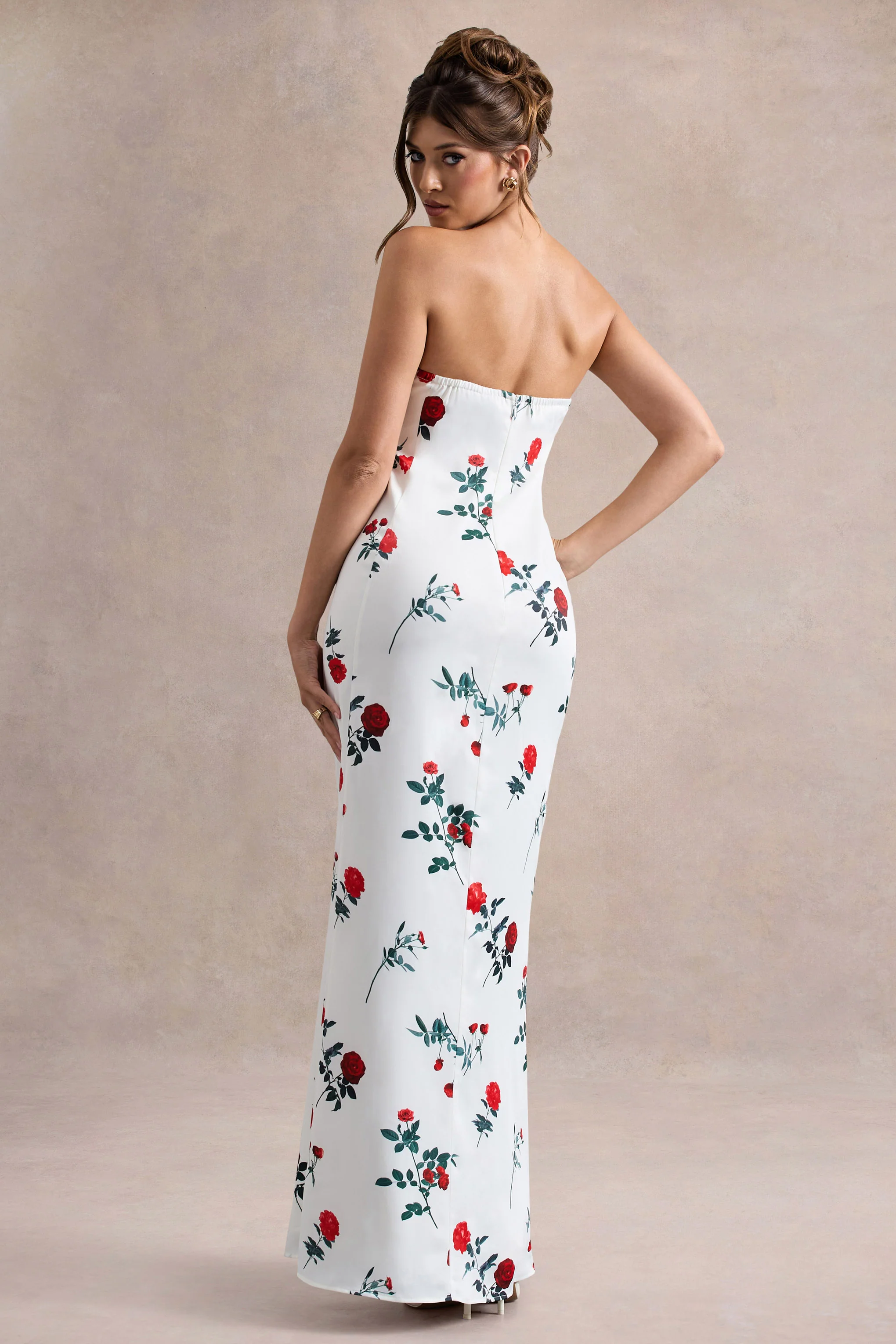 Azra | Rose Print Satin Bandeau Maxi Dress - Image 2