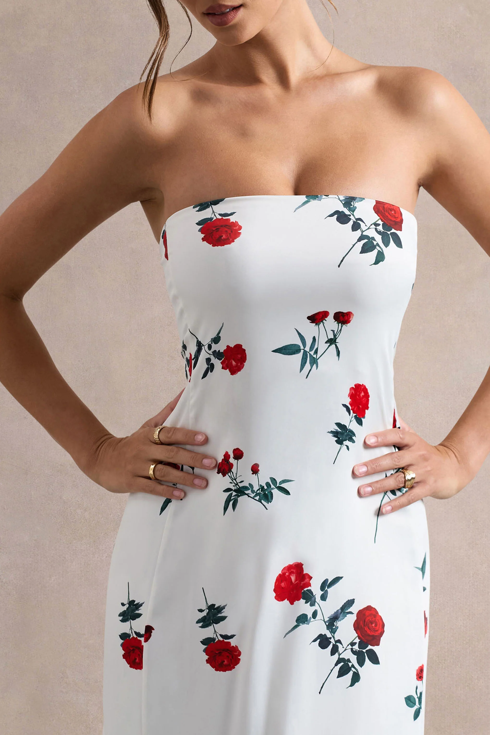 Azra | Rose Print Satin Bandeau Maxi Dress - Image 3