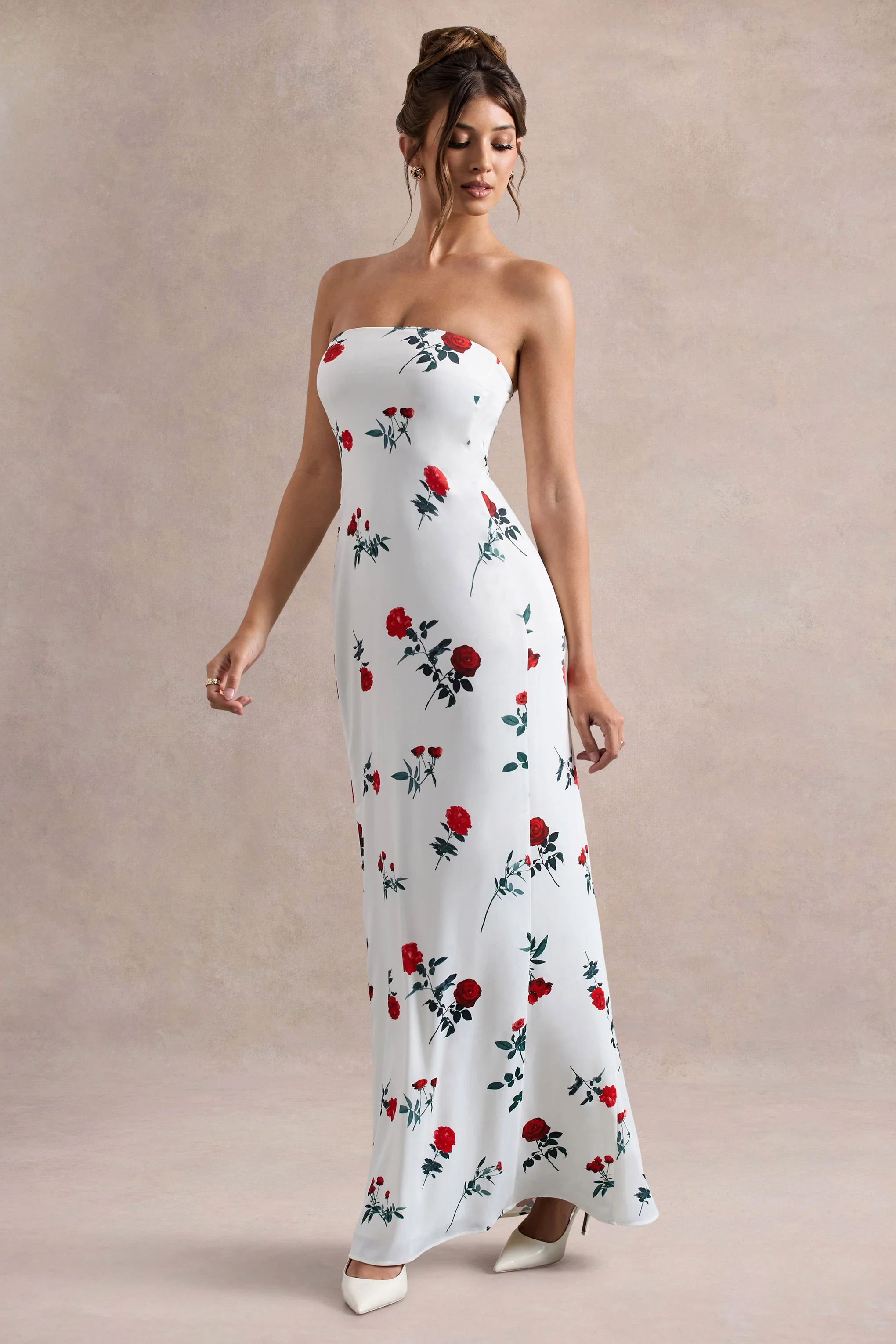 Azra | Rose Print Satin Bandeau Maxi Dress - Image 4