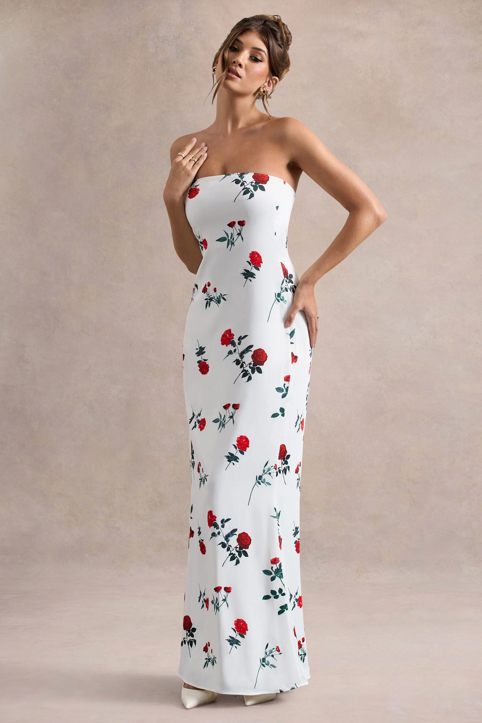 Azra | Rose Print Satin Bandeau Maxi Dress - Image 5