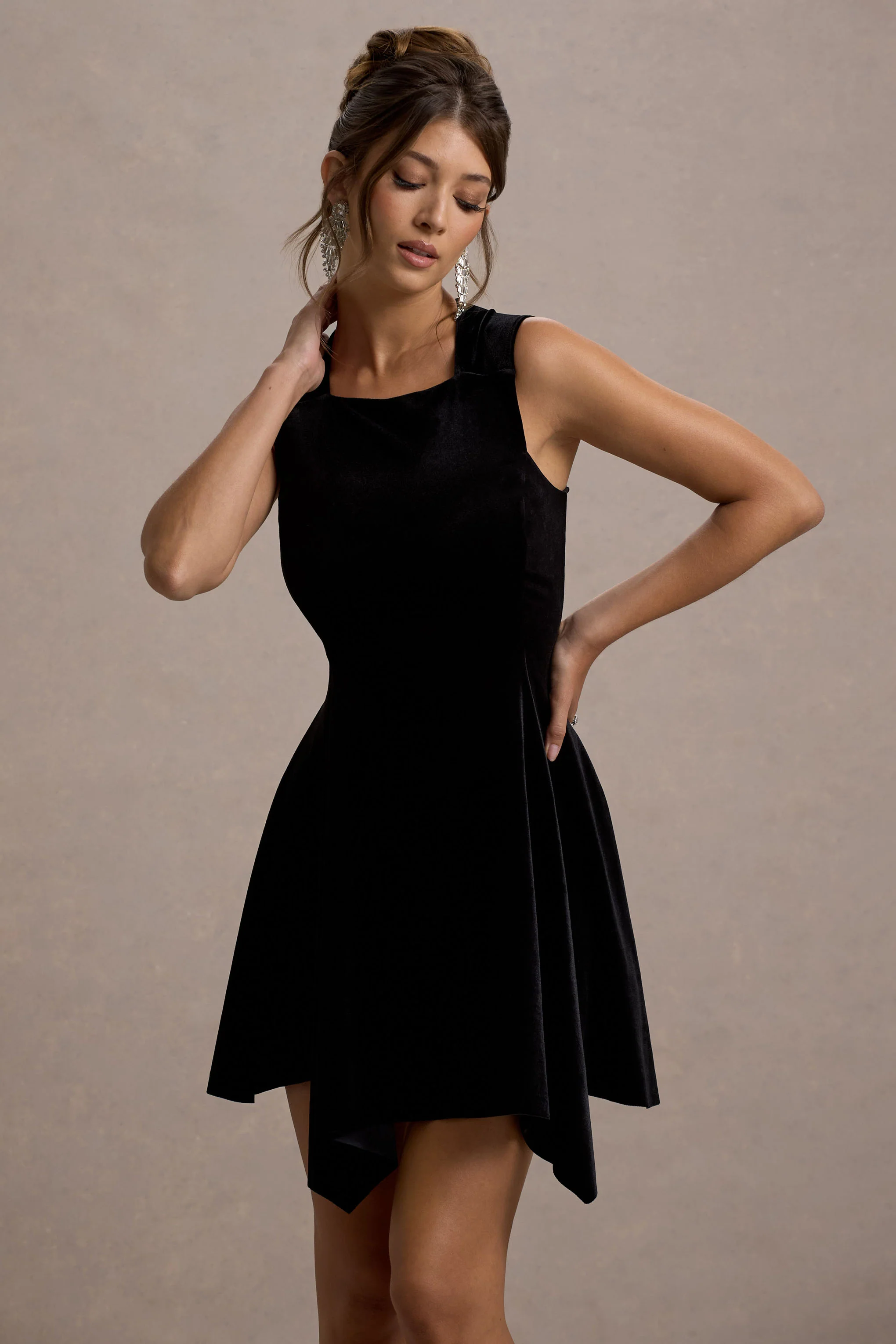 Baker | Black Velvet Draped-Hem Mini Dress - Image 3