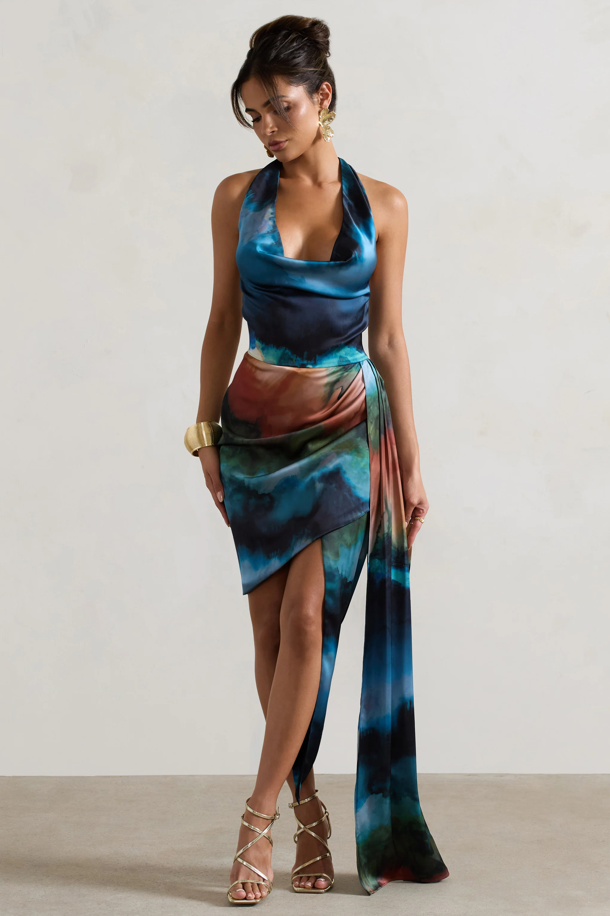 Bali | Blue Blur Print Satin Cowl-Neck Draped Midi Dress - Image 4