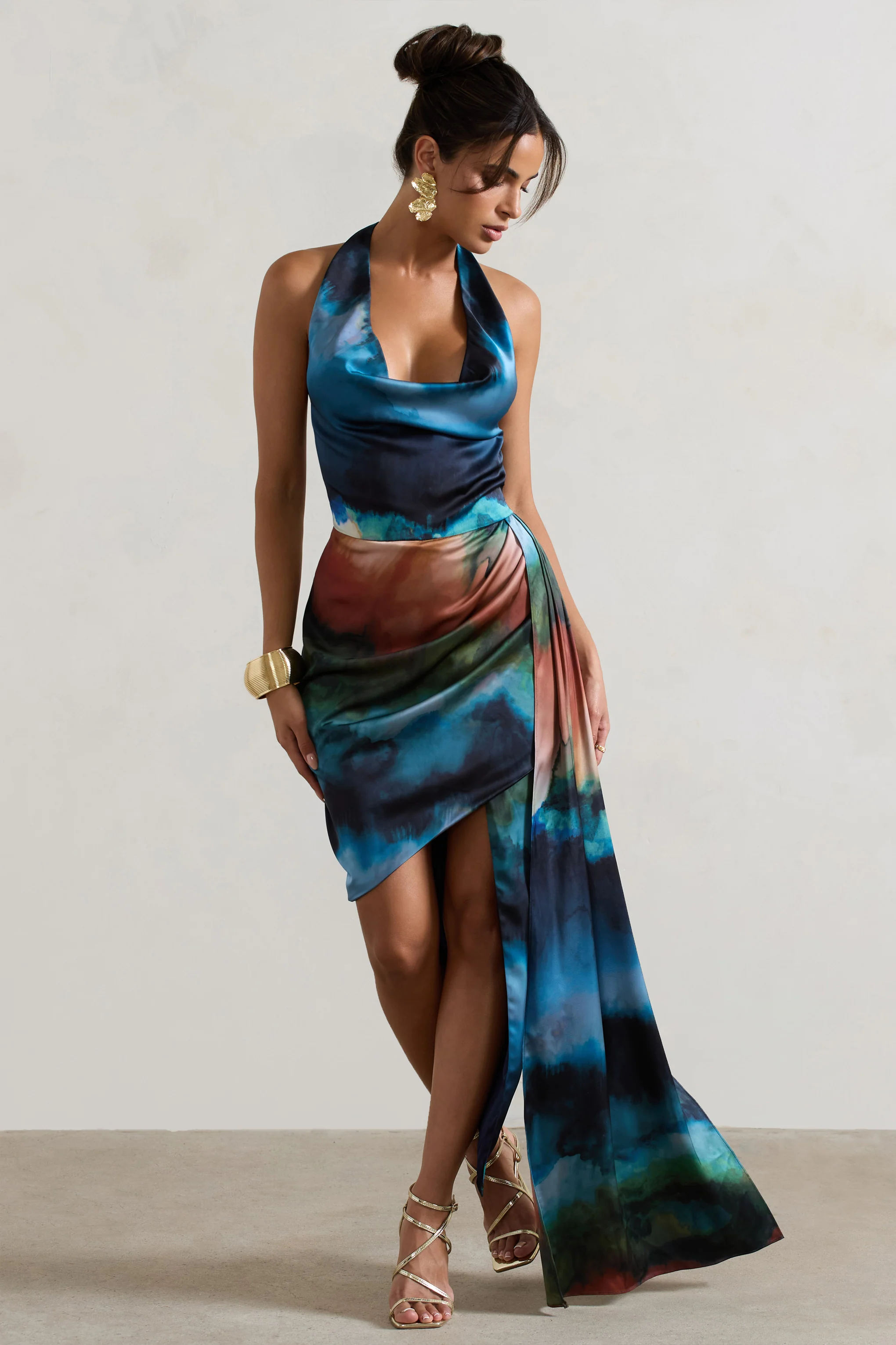 Bali | Blue Blur Print Satin Cowl-Neck Draped Midi Dress - Image 5